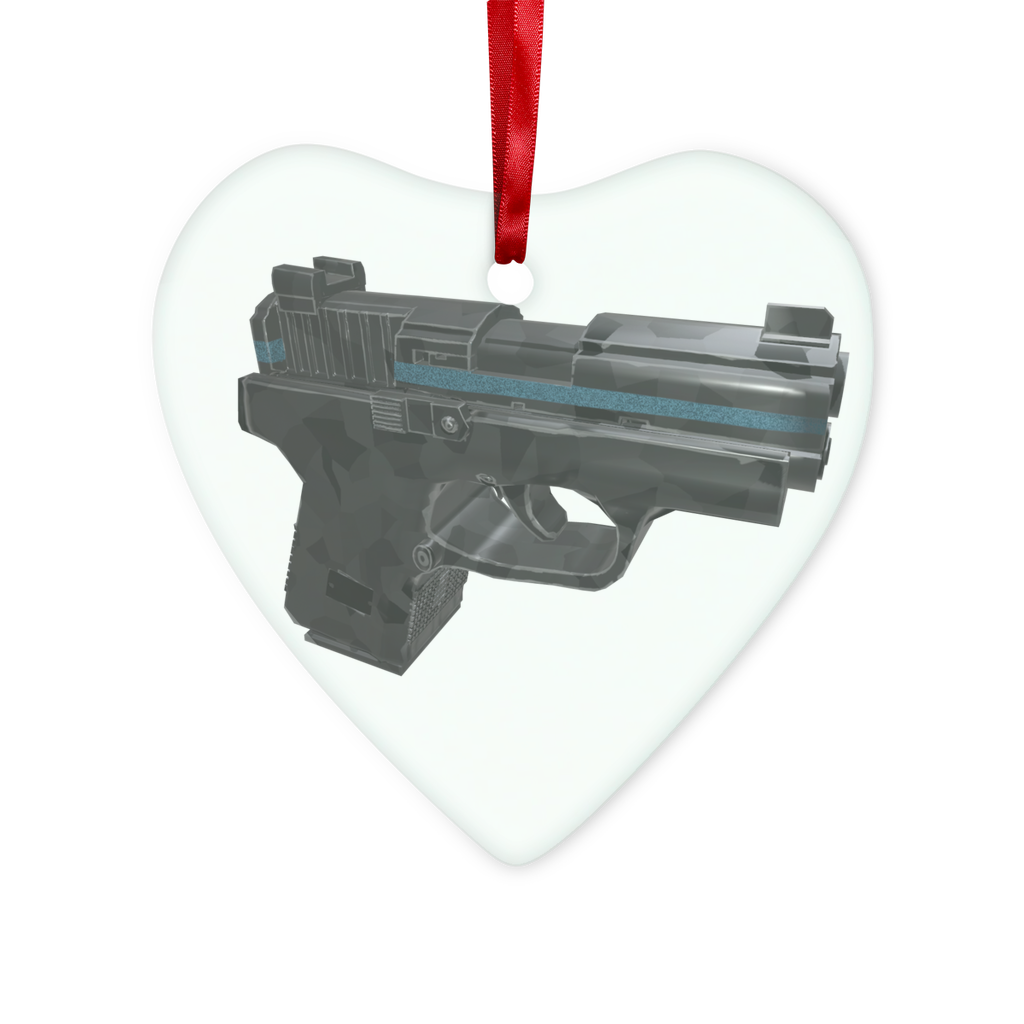 22 Calibur Glass Hanging Ornament in round and heart shapes, elegantly displayed with red ribbon and gold string.