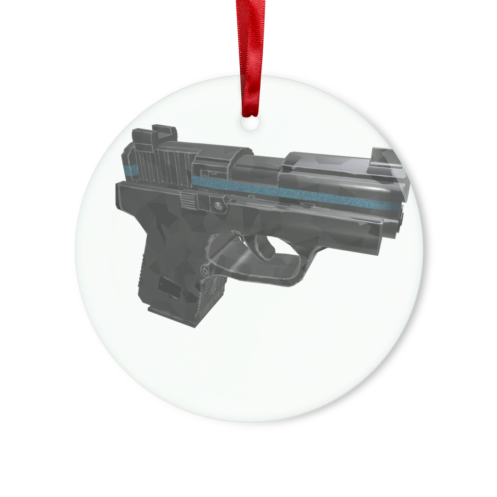 22 Calibur Glass Hanging Ornament in round and heart shapes, elegantly displayed with red ribbon and gold string.