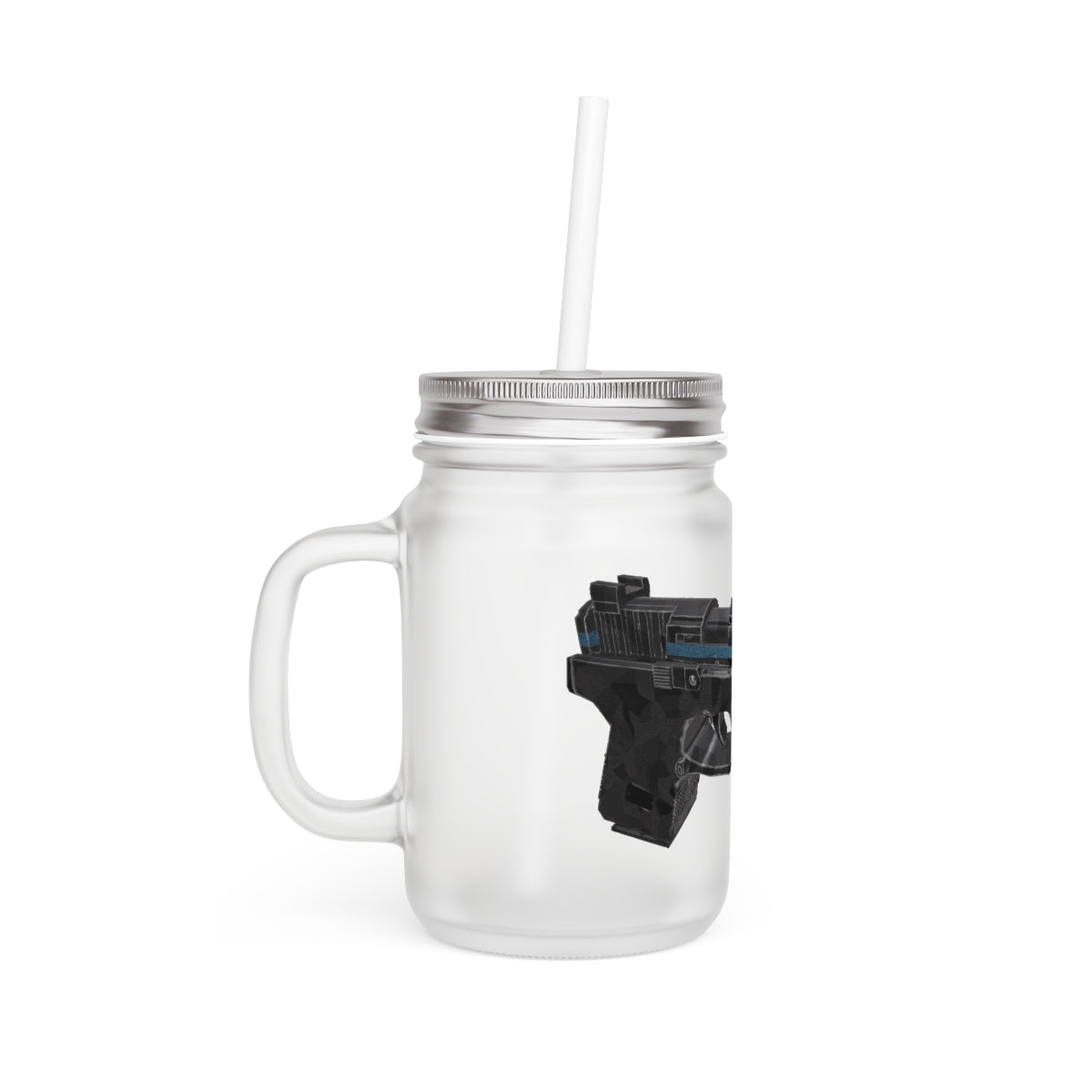 A stylish 22 Calibur Mason Jar made of frosted glass, featuring a straw and lid, perfect for personalized drinks.