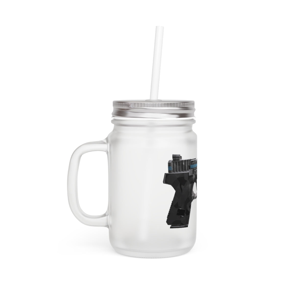 A stylish 22 Calibur Mason Jar made of frosted glass, featuring a straw and lid, perfect for personalized drinks.