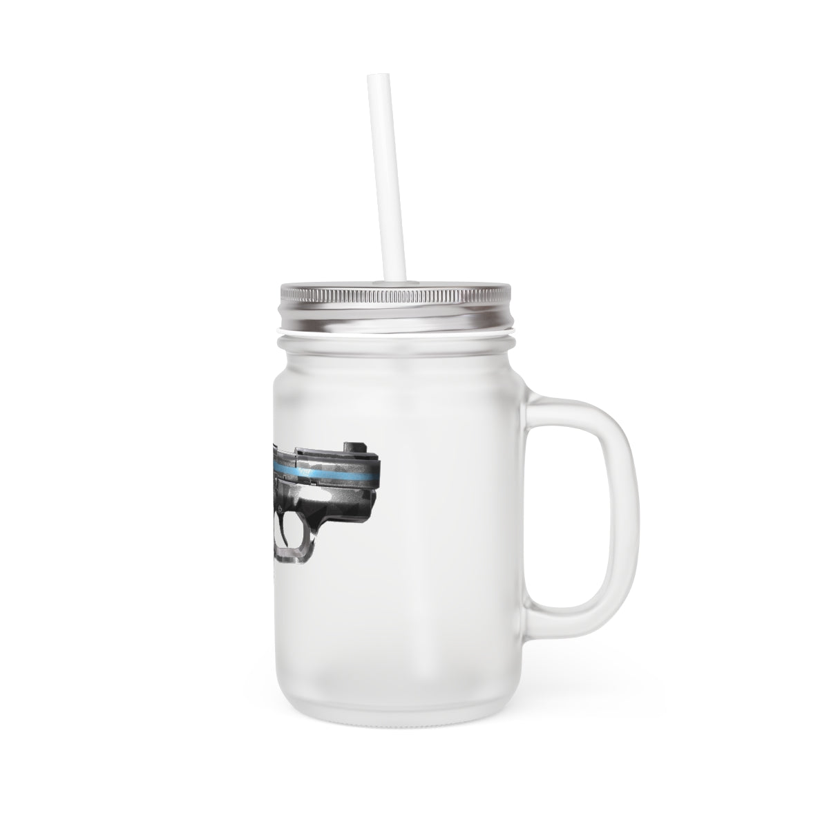 A stylish 22 Calibur Mason Jar made of frosted glass, featuring a straw and lid, perfect for personalized drinks.
