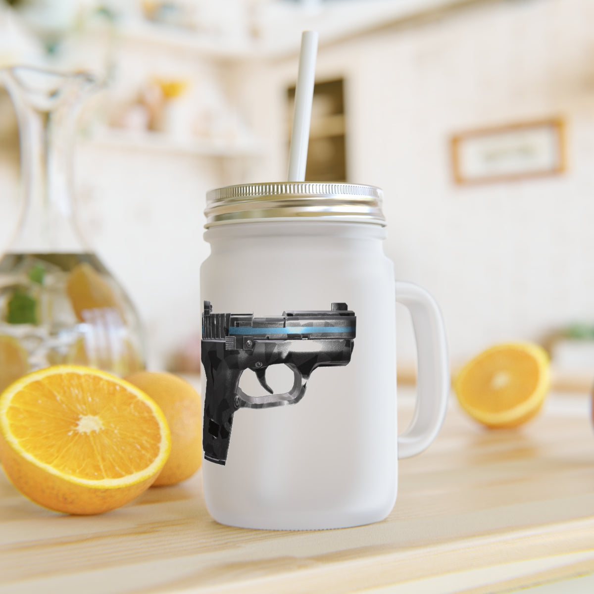 A stylish 22 Calibur Mason Jar made of frosted glass, featuring a straw and lid, perfect for personalized drinks.