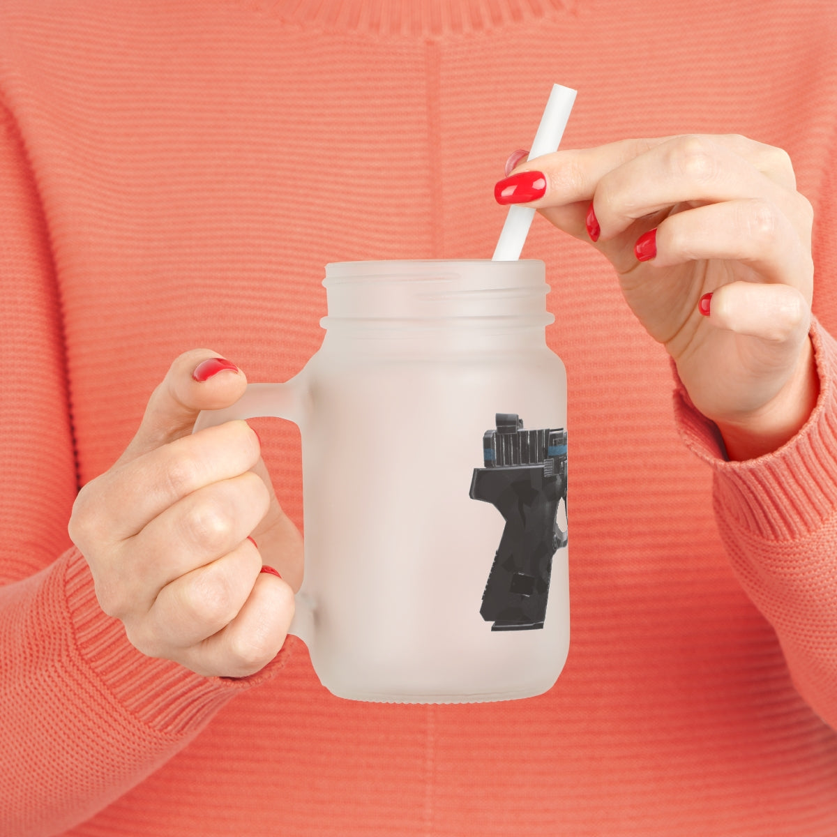 A stylish 22 Calibur Mason Jar made of frosted glass, featuring a straw and lid, perfect for personalized drinks.