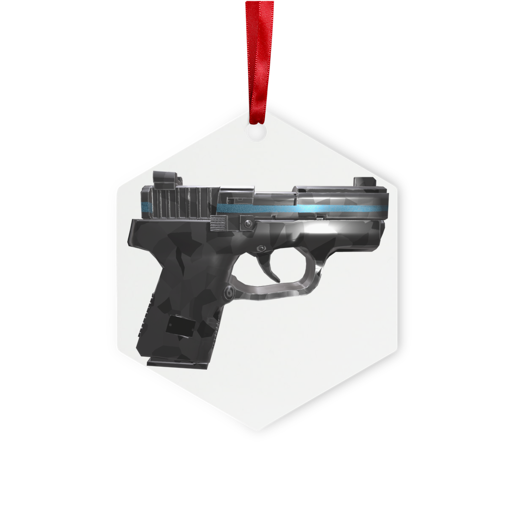 22 Calibur Metal Hanging Ornament in hexagon and star shapes, featuring a glossy white finish and red ribbon for hanging.