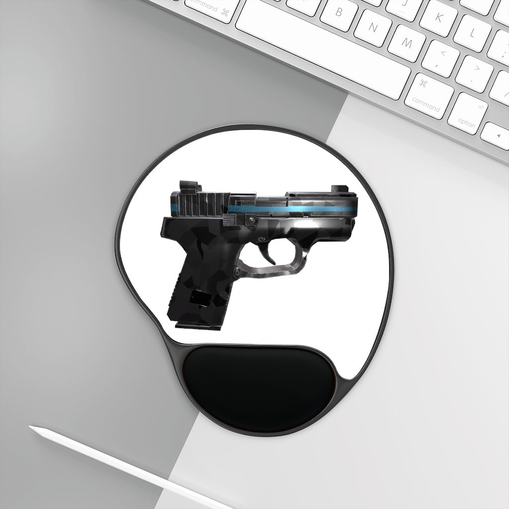 22 Calibur Mouse Pad with ergonomic Memory Foam wrist rest and customizable neoprene insert, featuring a foot-shaped black plastic base.