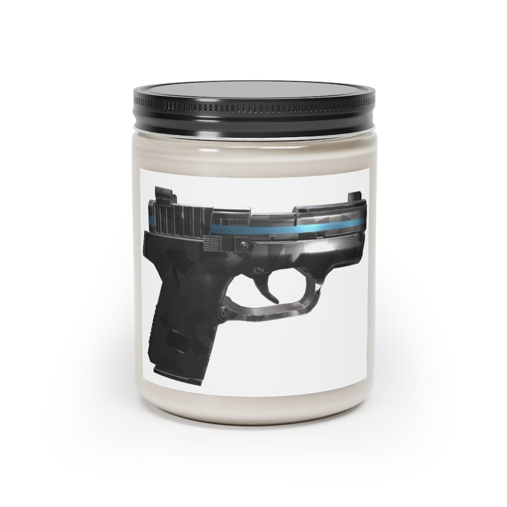 22 Calibur Scented Candle in a glass container, featuring a permanent adhesive label, showcasing its vegan soy coconut wax composition.