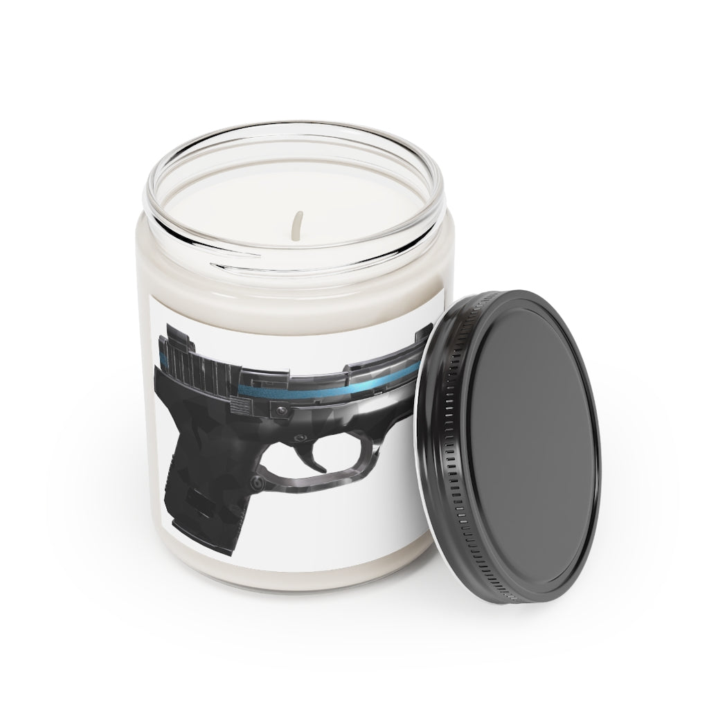 22 Calibur Scented Candle in a glass container, featuring a permanent adhesive label, showcasing its vegan soy coconut wax composition.