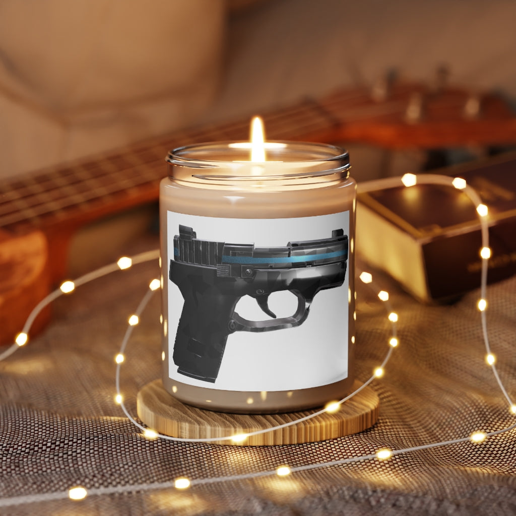 22 Calibur Scented Candle in a glass container, featuring a permanent adhesive label, showcasing its vegan soy coconut wax composition.