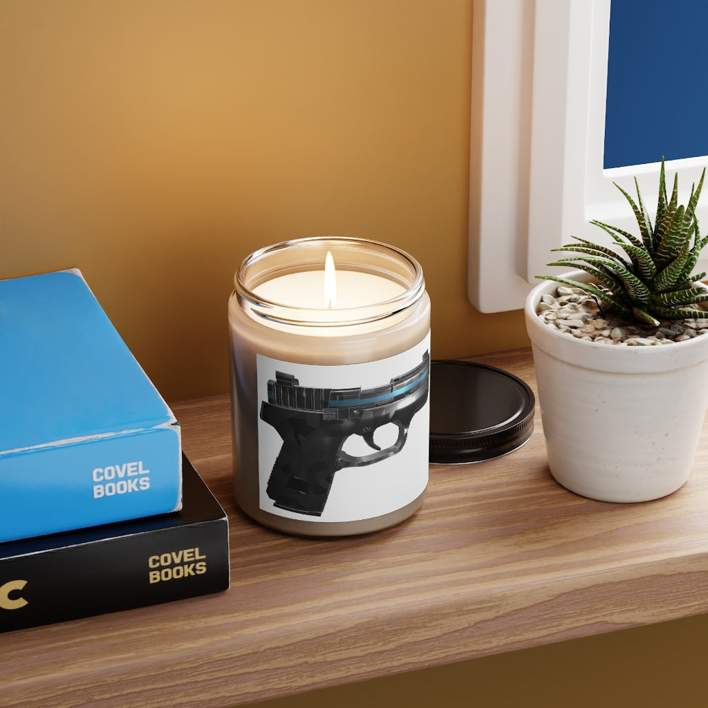 22 Calibur Scented Candle in a glass container, featuring a permanent adhesive label, showcasing its vegan soy coconut wax composition.