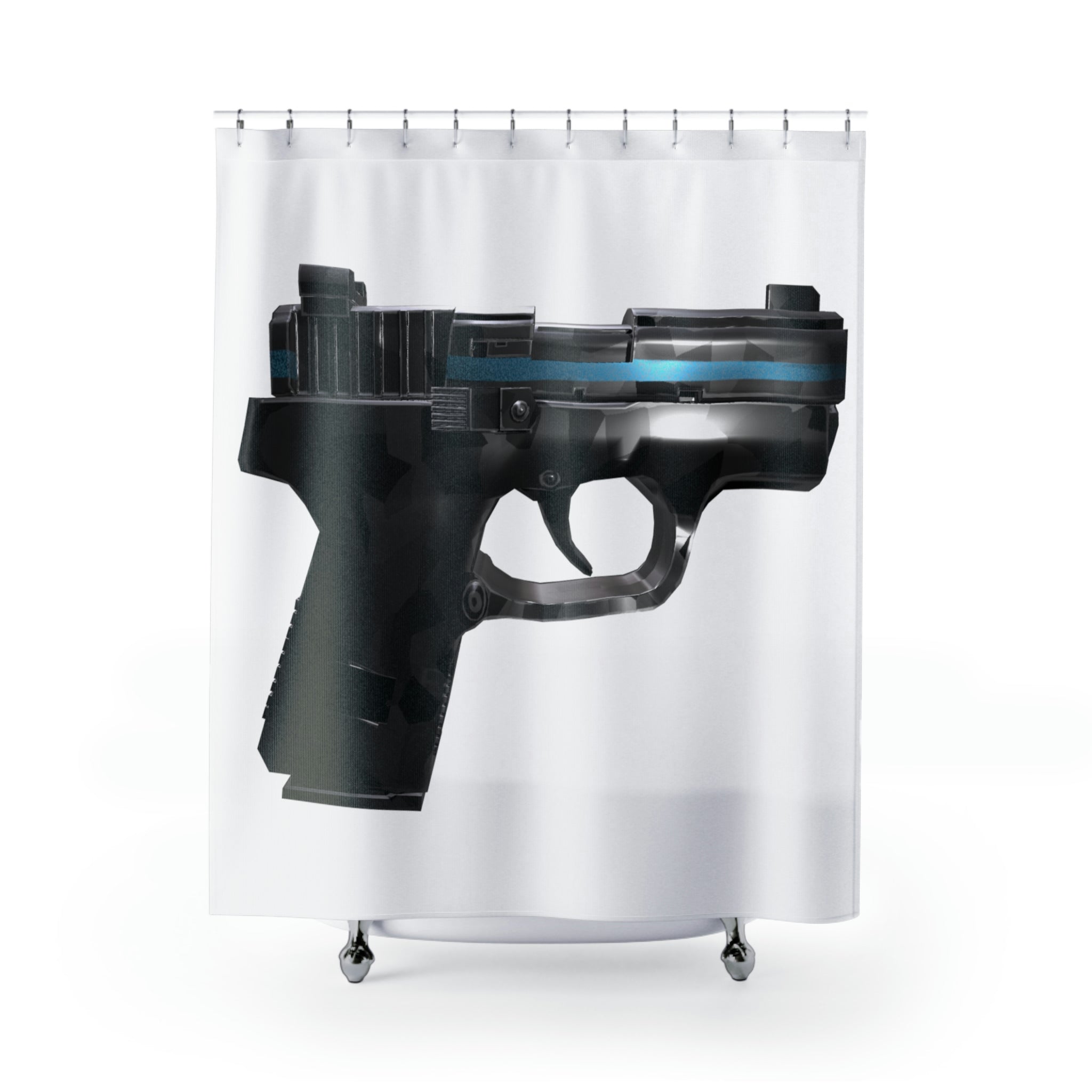 A vibrant 22 Calibur Shower Curtain made of durable polyester, showcasing a unique design perfect for bathroom decor.