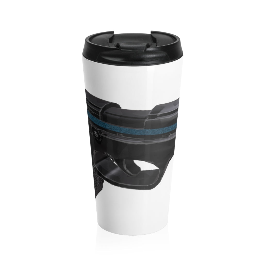 22 Calibur Stainless Steel Travel Mug with black lid, showcasing its sleek design and stainless steel finish.