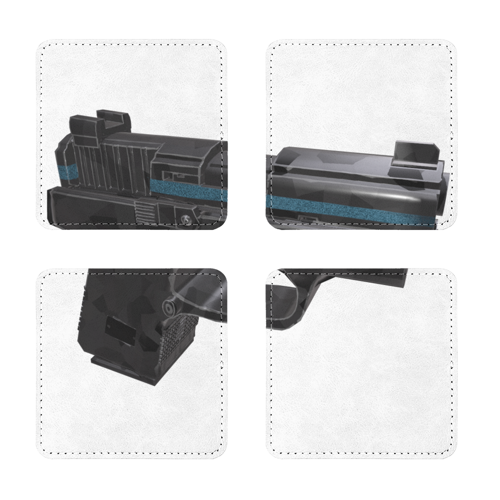 Set of four 22 Calibur sublimation coasters made from PU leather, featuring a white printable face and white stitching.