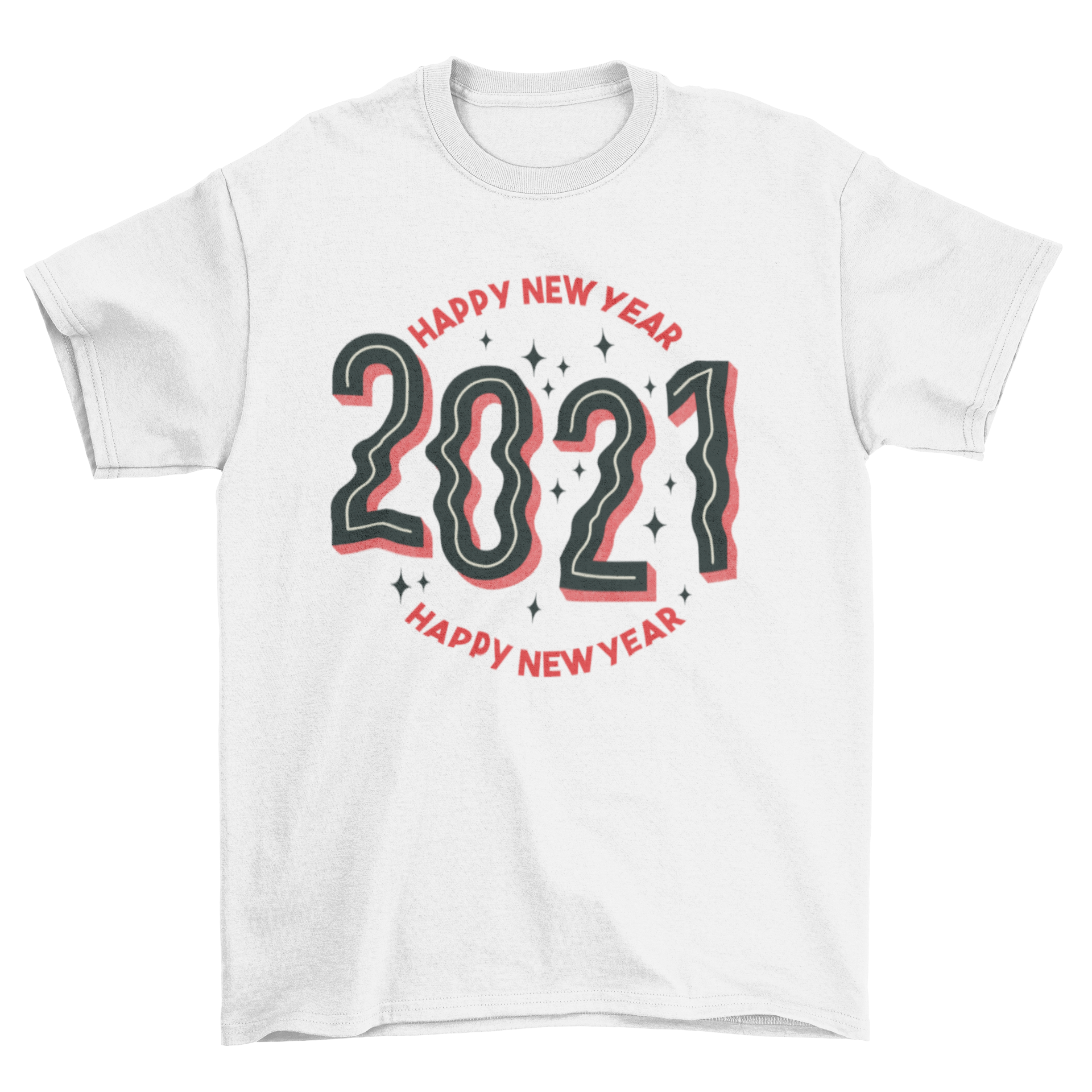 2021 Happy New Year t-shirt featuring a festive design with the quote 'Happy New Year 2021'.