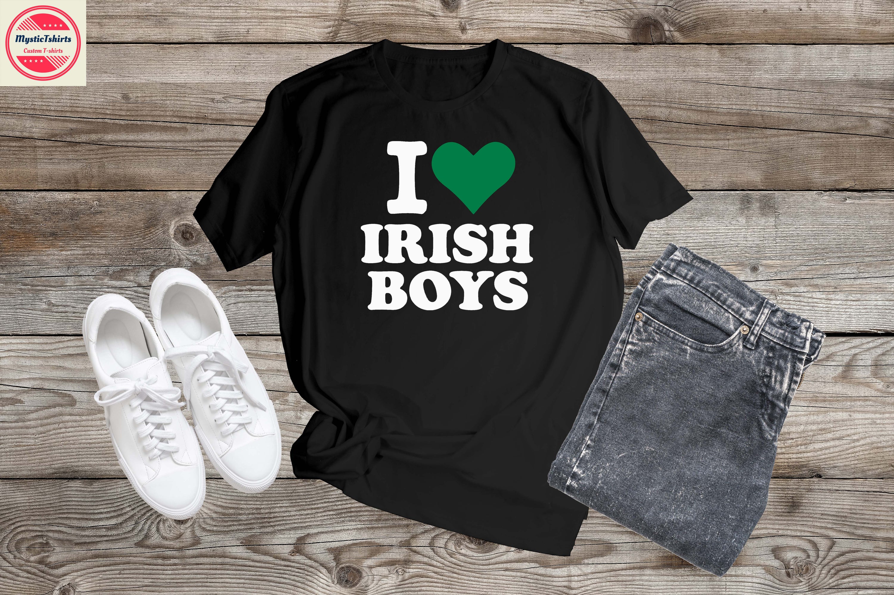 Custom 'I LOVE IRISH BOYS' T-shirt featuring vibrant colors and personalized design options, made from high-quality eco-friendly materials.