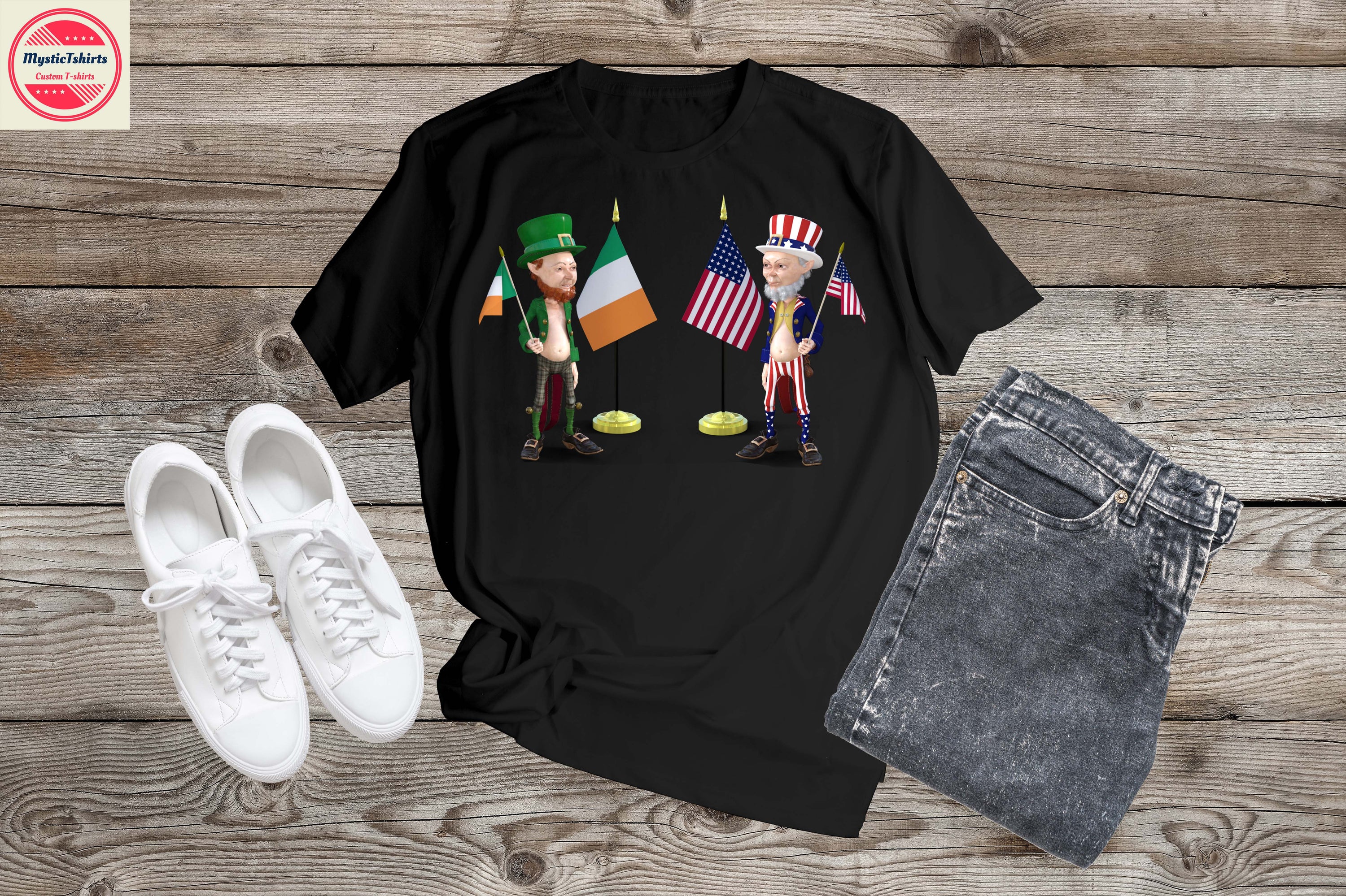 A custom-made Irish American T-shirt featuring vibrant colors and personalized design options, showcasing quality craftsmanship.