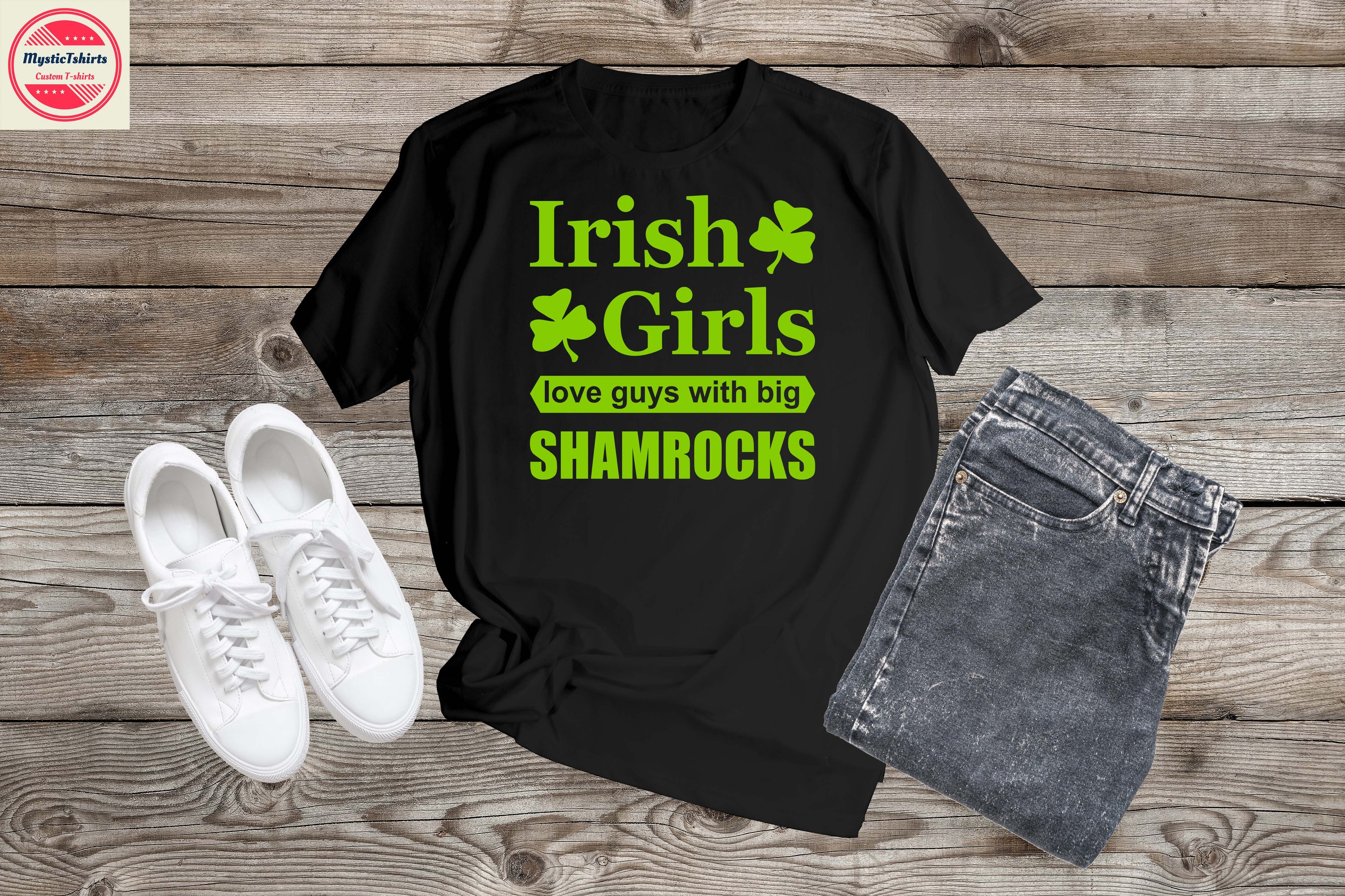 Custom-made T-shirt featuring a playful shamrock design, perfect for Irish girls.