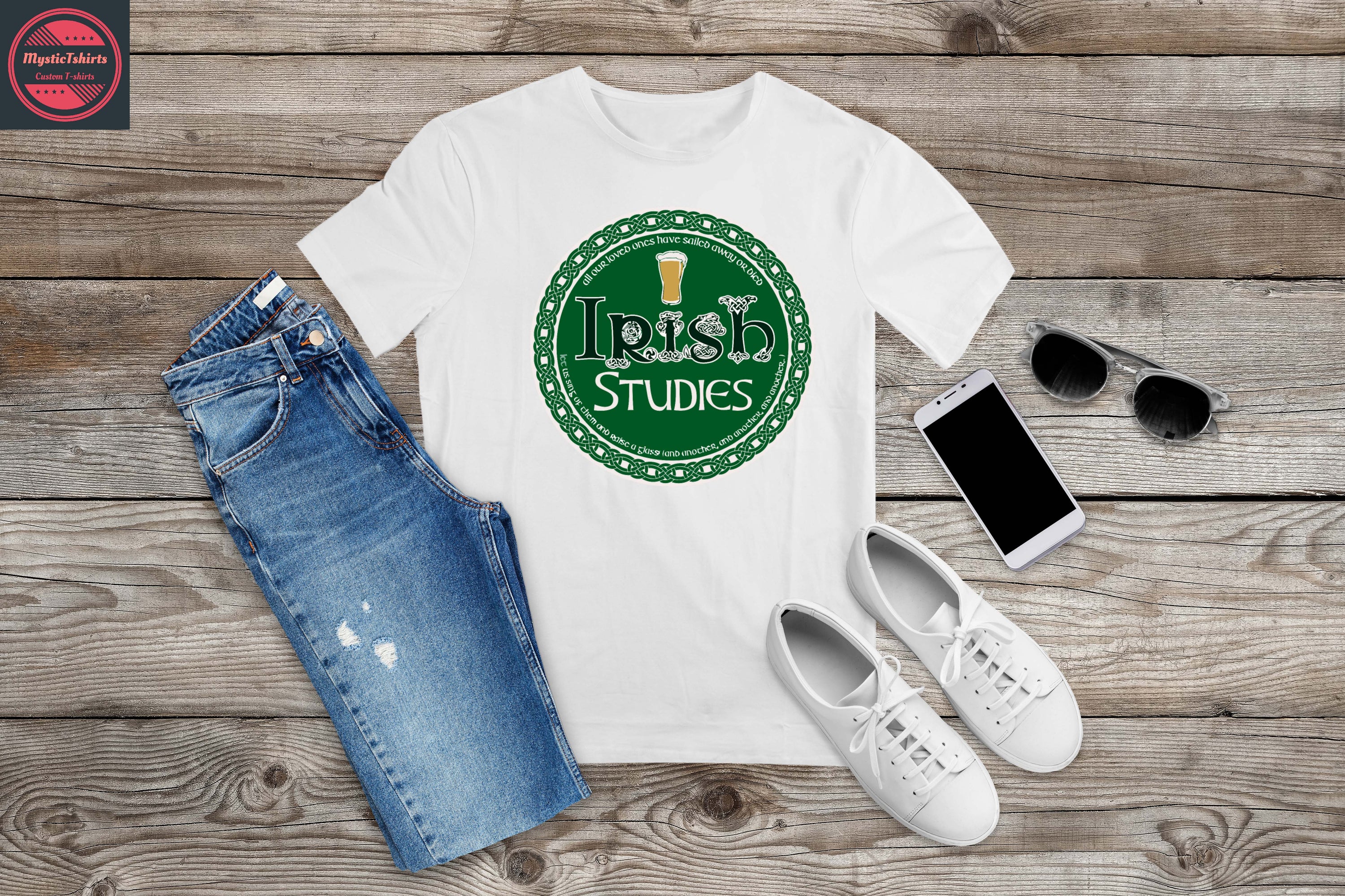 Custom made Irish Studies T-shirt featuring personalized design options, showcasing vibrant colors and high-quality fabric.