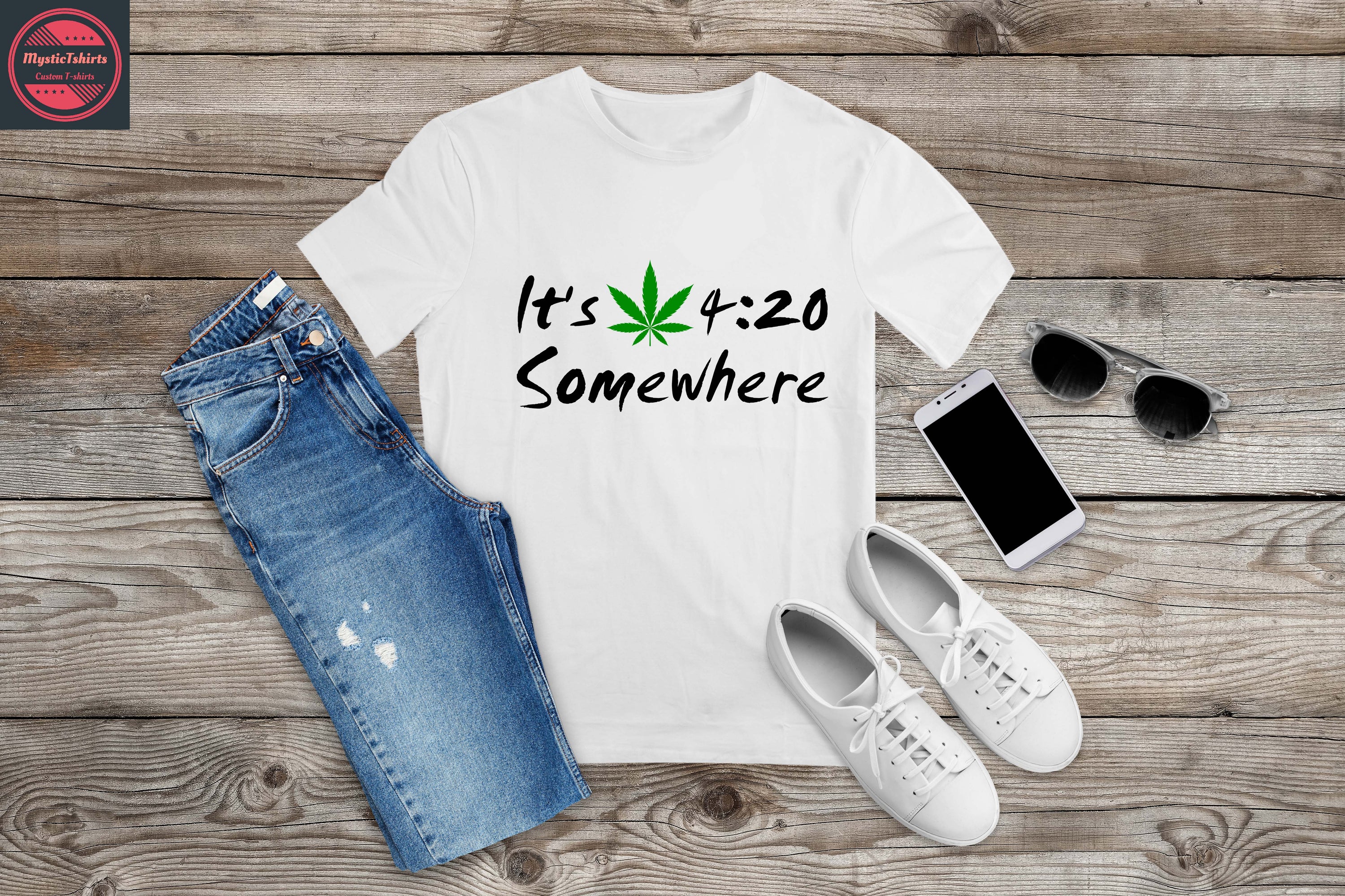 Custom made 'It's 4:20 Somewhere' T-shirt featuring vibrant colors and eco-friendly printing.