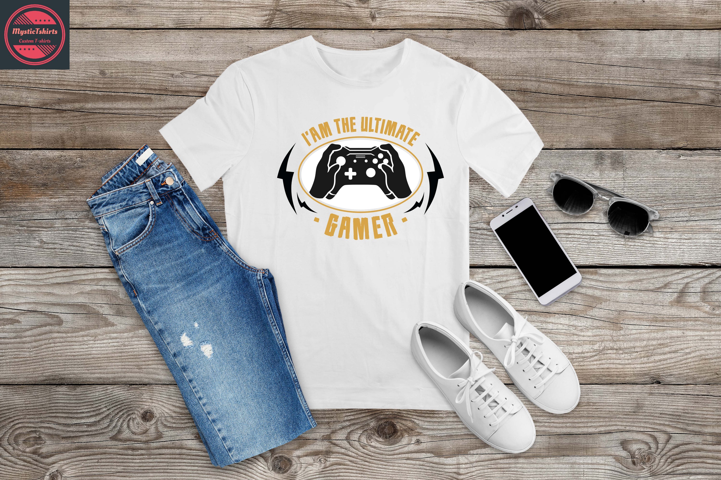 Custom 'I'AM THE ULTIMATE GAMER' T-shirt displayed on a mannequin, showcasing vibrant colors and personalized design.
