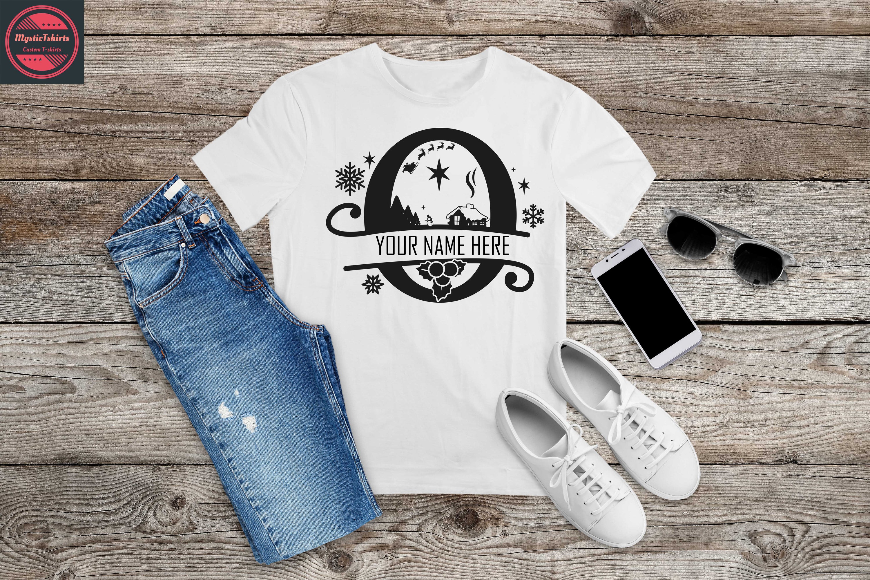 Custom Monogrammed Christmas O shirt in festive colors, showcasing personalized design options.