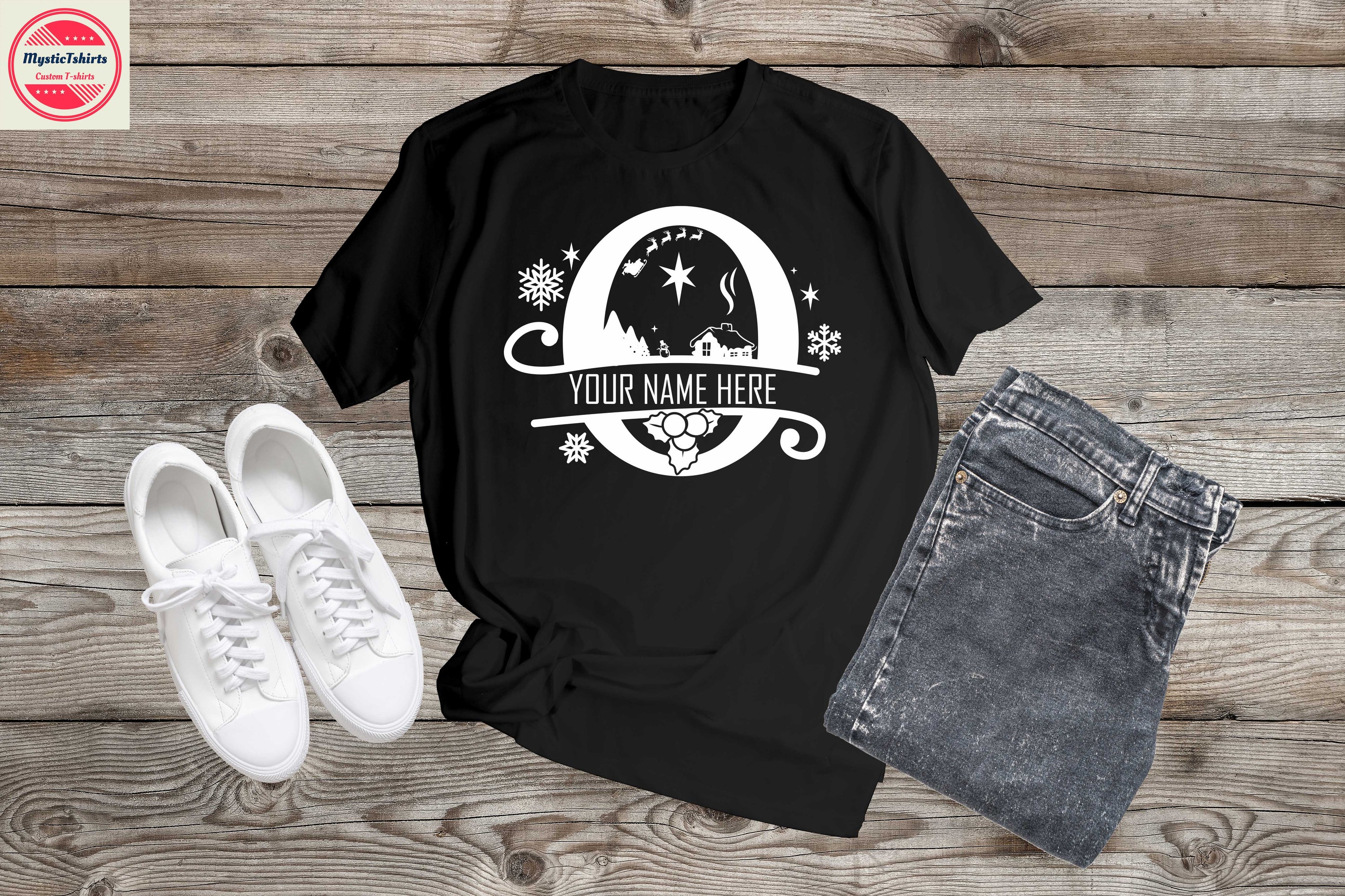 Custom Monogrammed Christmas O shirt in festive colors, showcasing personalized design options.