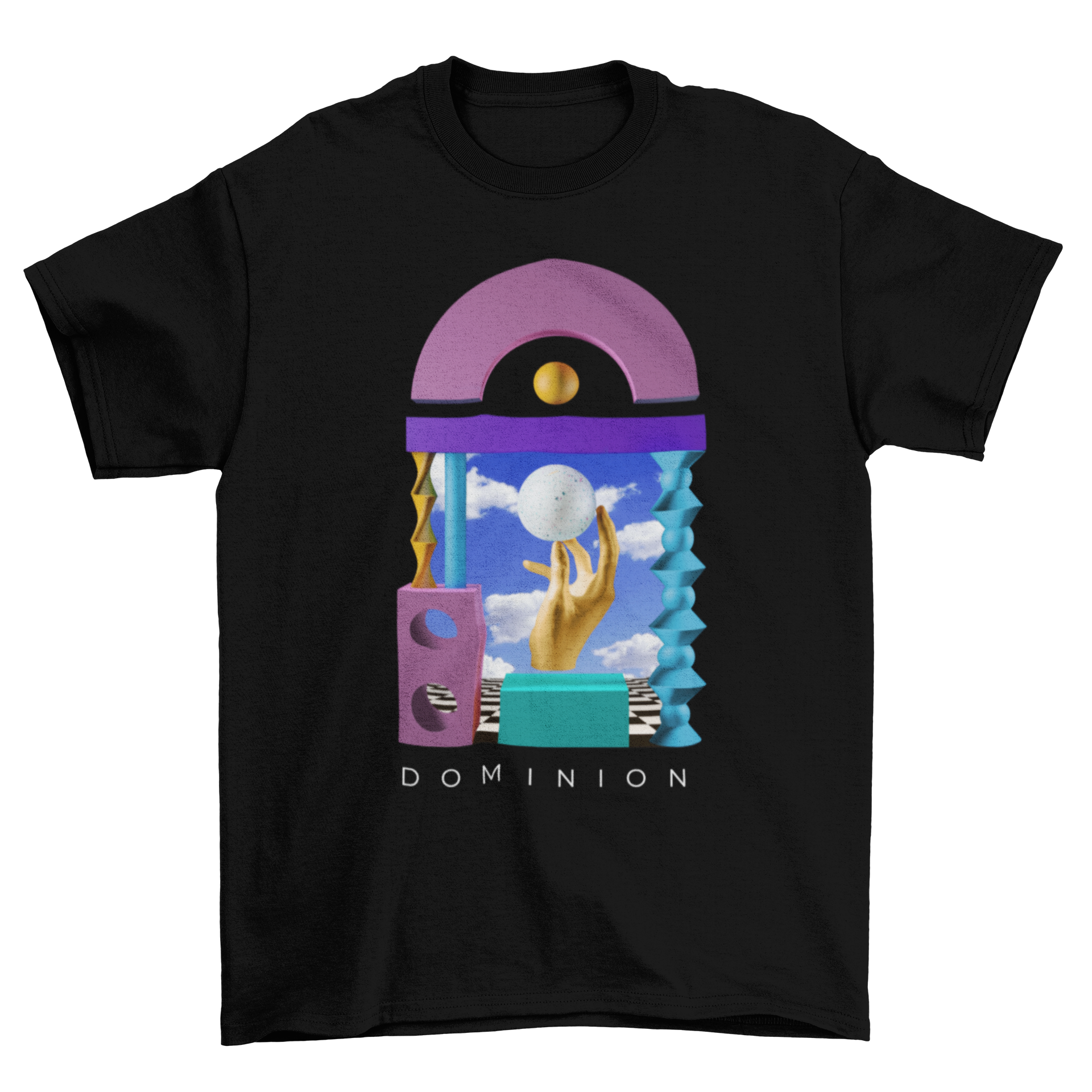 3D Conceptual Sky Abstract Shapes Hand Landscape t-shirt featuring a hand holding a ball in the center, showcasing vibrant abstract designs.