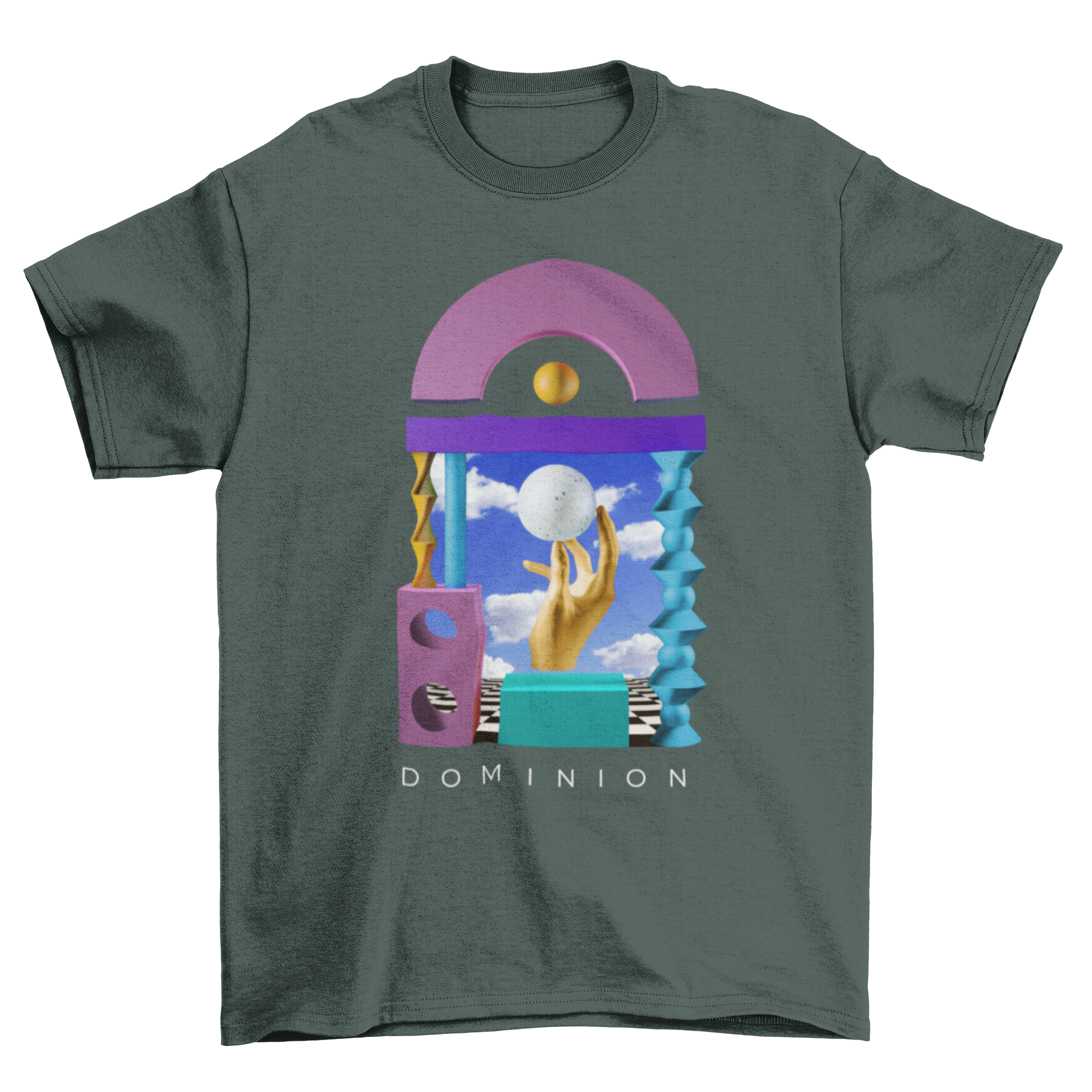 3D Conceptual Sky Abstract Shapes Hand Landscape t-shirt featuring a hand holding a ball in the center, showcasing vibrant abstract designs.
