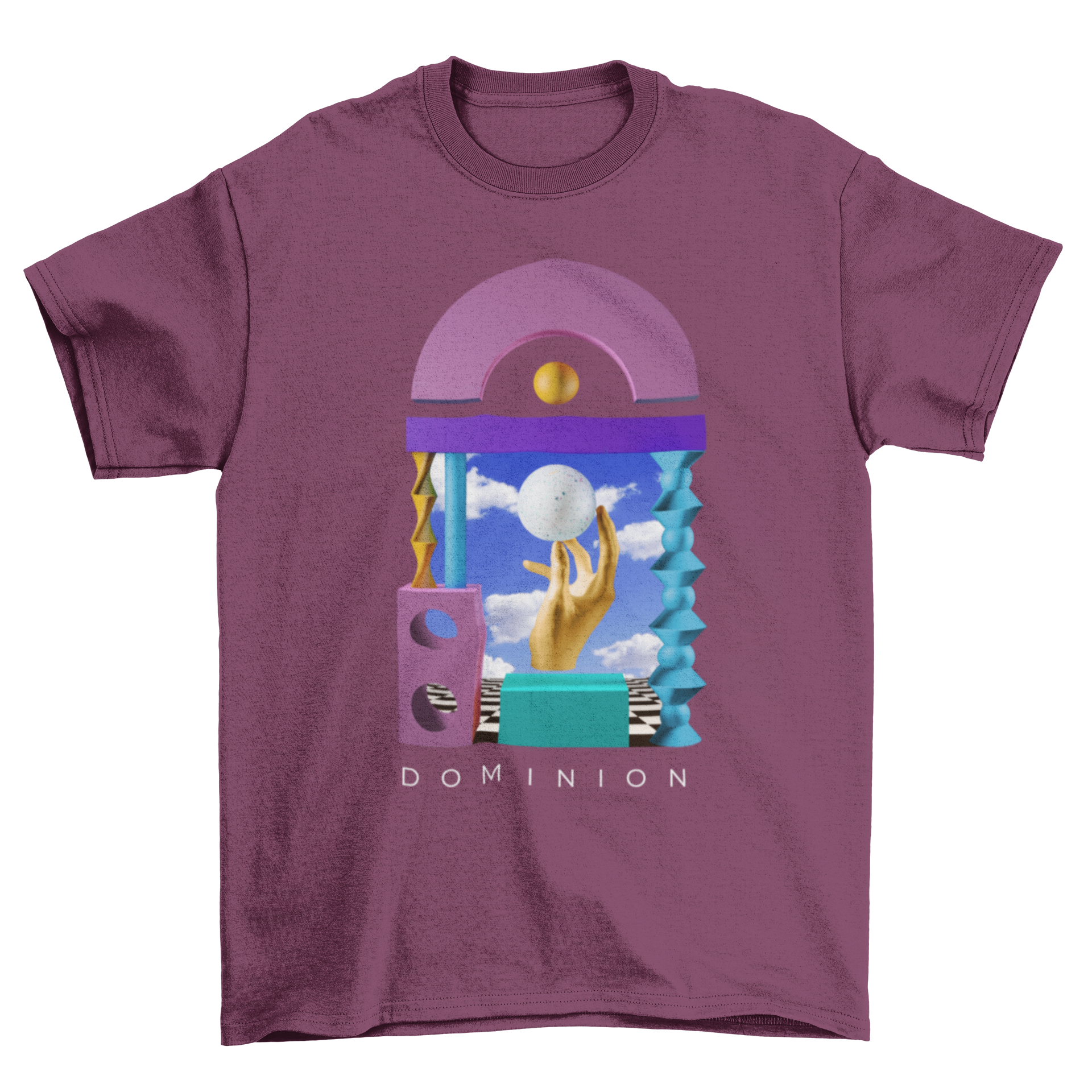 3D Conceptual Sky Abstract Shapes Hand Landscape t-shirt featuring a hand holding a ball in the center, showcasing vibrant abstract designs.