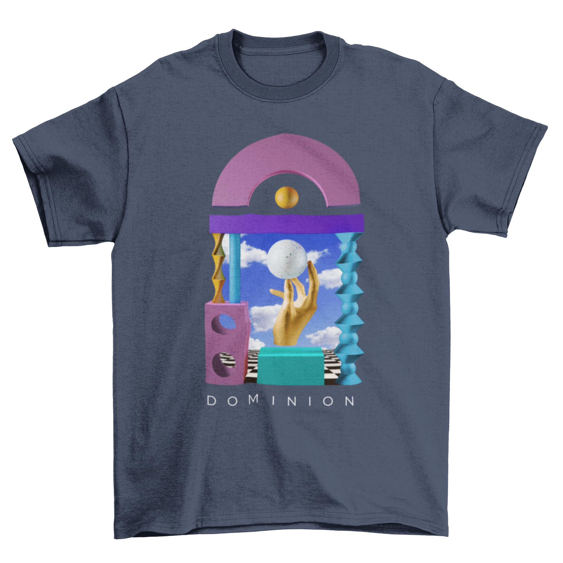 3D Conceptual Sky Abstract Shapes Hand Landscape t-shirt featuring a hand holding a ball in the center, showcasing vibrant abstract designs.
