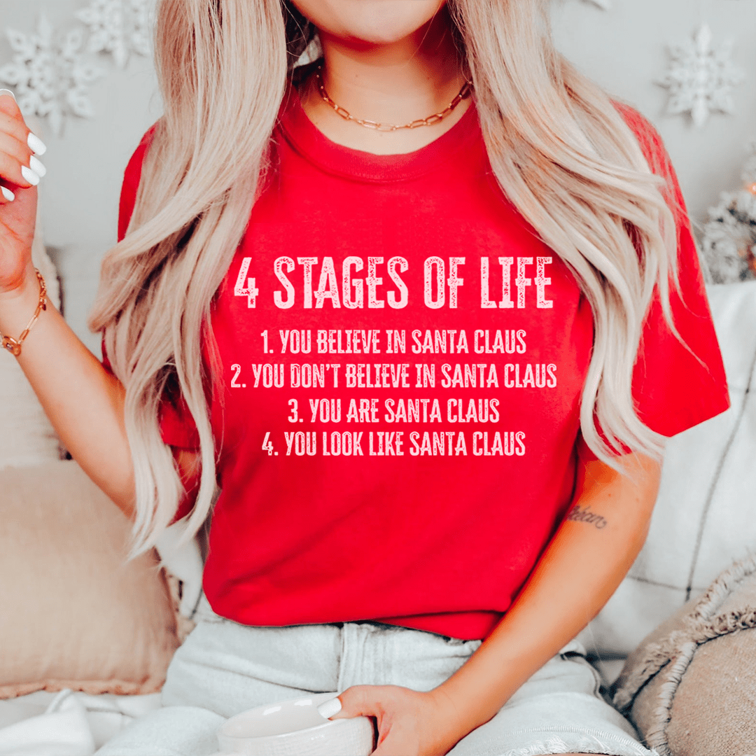 A festive 4 Stages Of Life Christmas Tee made from 100% soft cotton, featuring a vibrant digitally printed design, perfect for holiday celebrations.