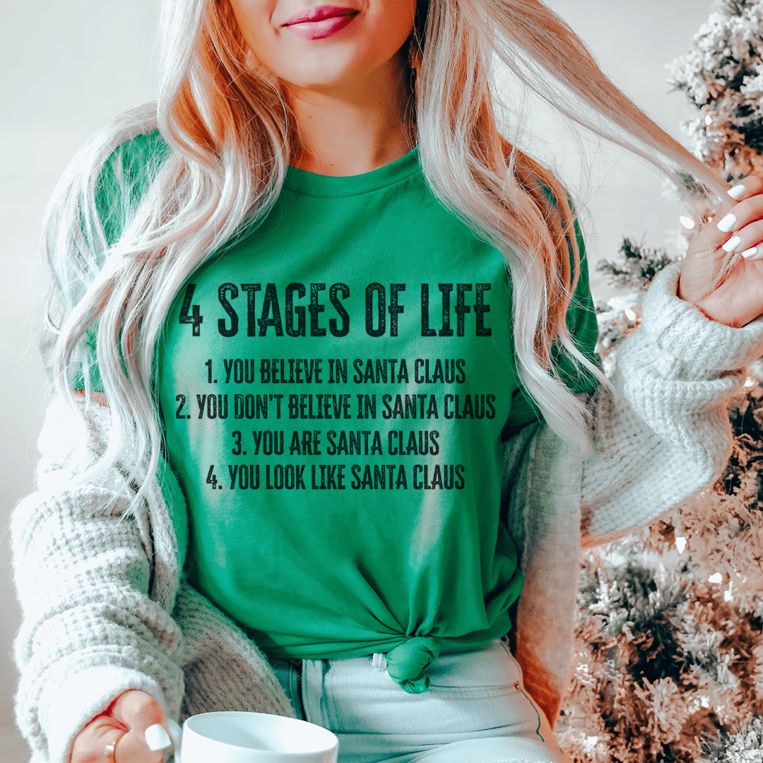 A festive 4 Stages Of Life Christmas Tee made from 100% soft cotton, featuring a vibrant digitally printed design, perfect for holiday celebrations.