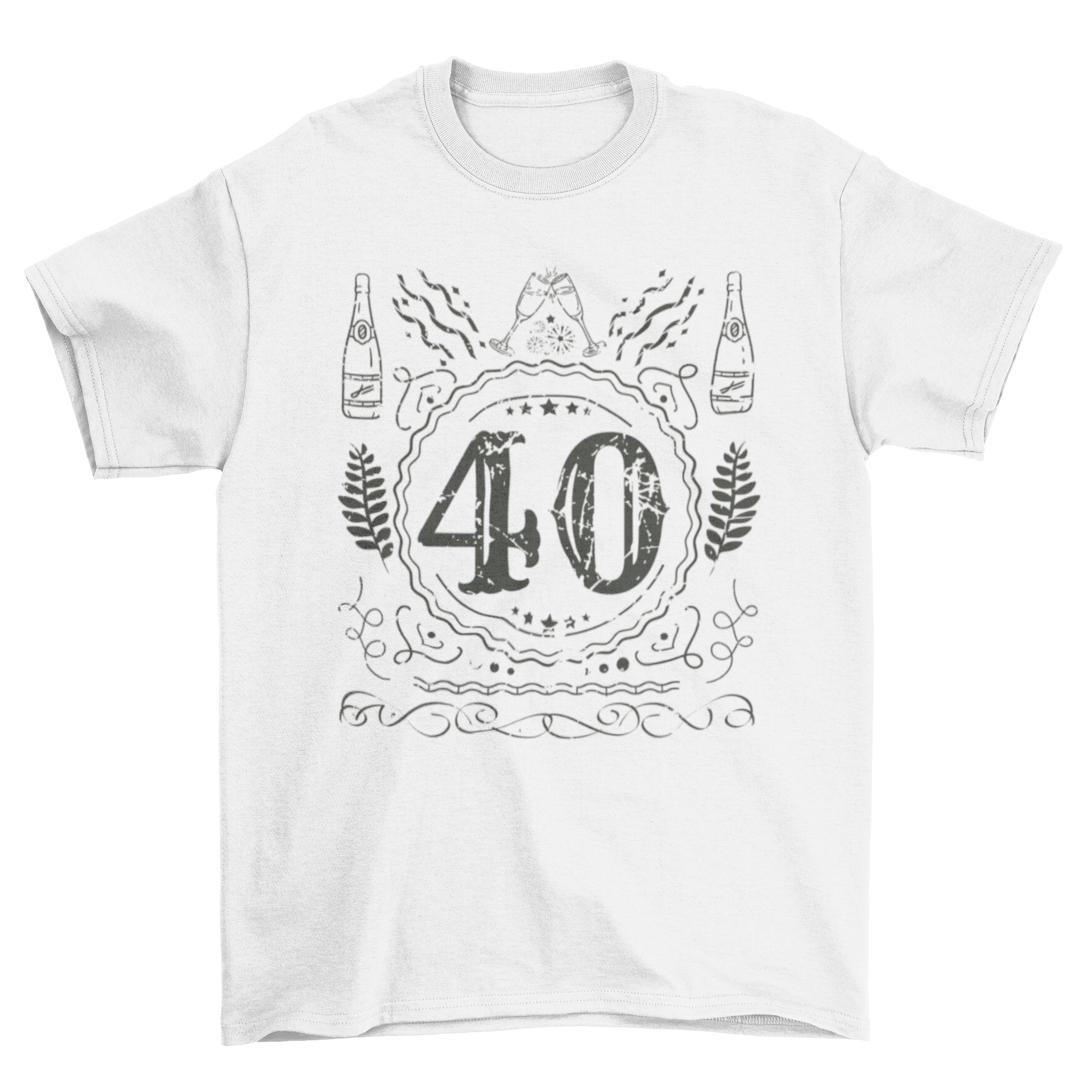 A stylish t-shirt featuring the number 40 with colorful confetti and champagne elements, perfect for birthday celebrations.