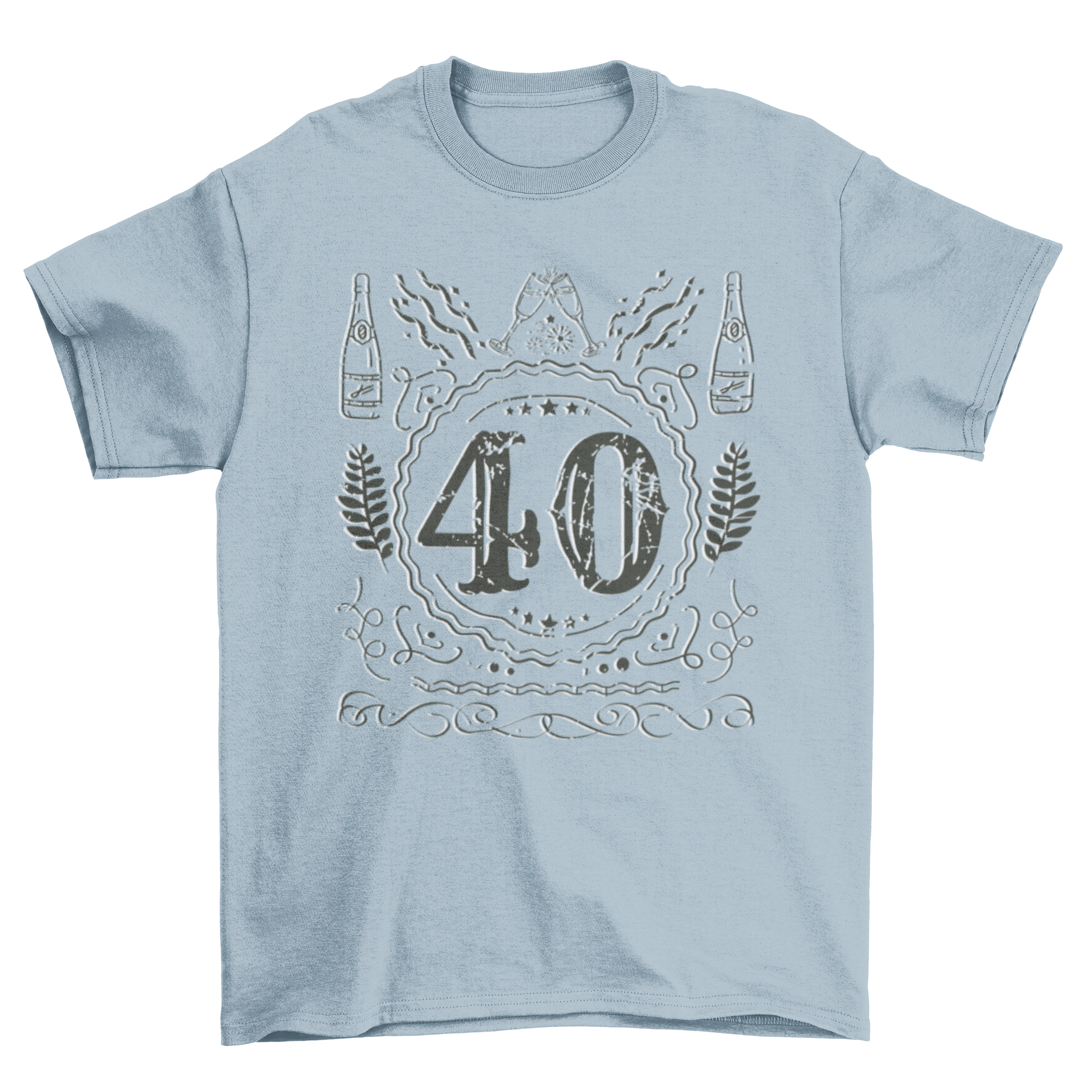 A stylish t-shirt featuring the number 40 with colorful confetti and champagne elements, perfect for birthday celebrations.