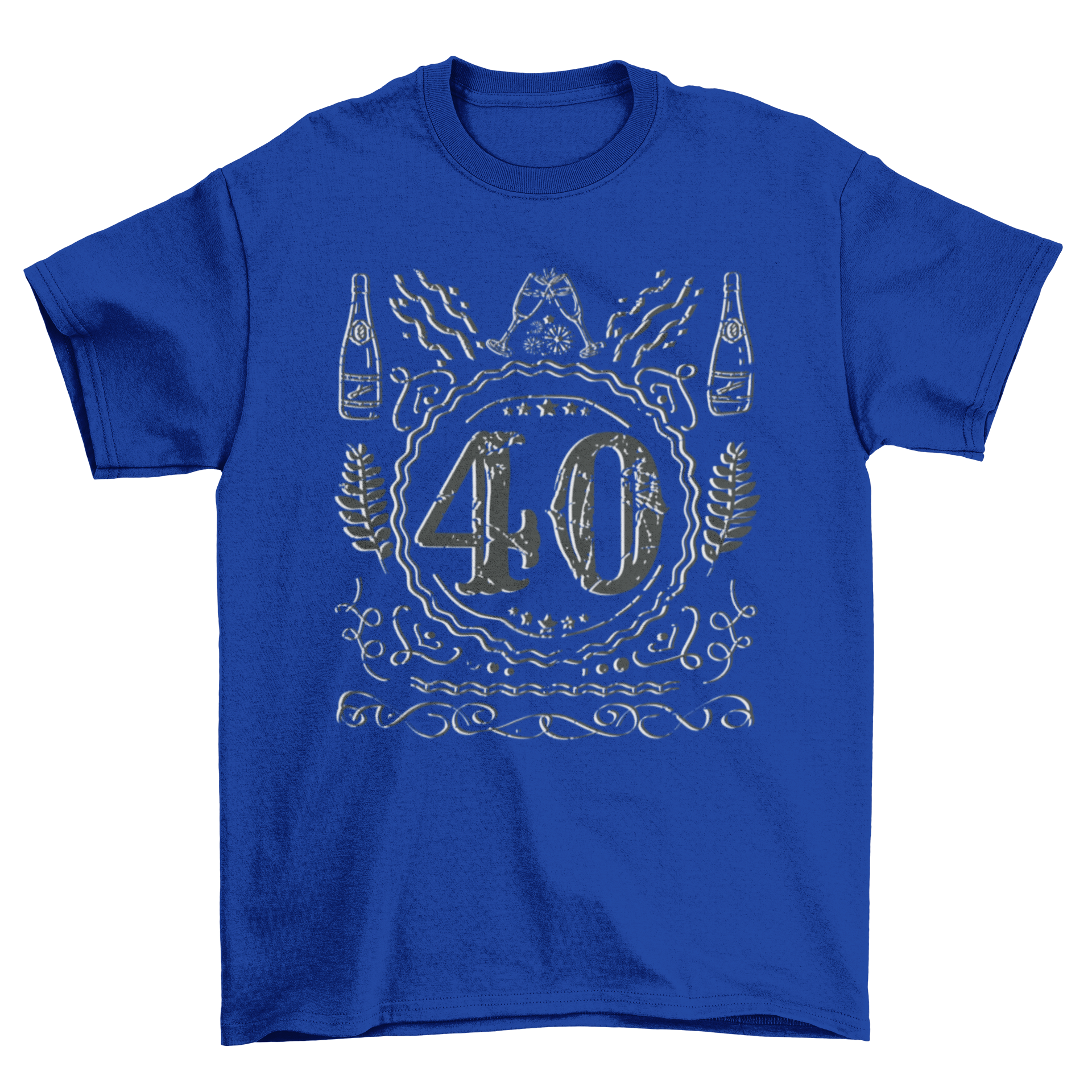A stylish t-shirt featuring the number 40 with colorful confetti and champagne elements, perfect for birthday celebrations.