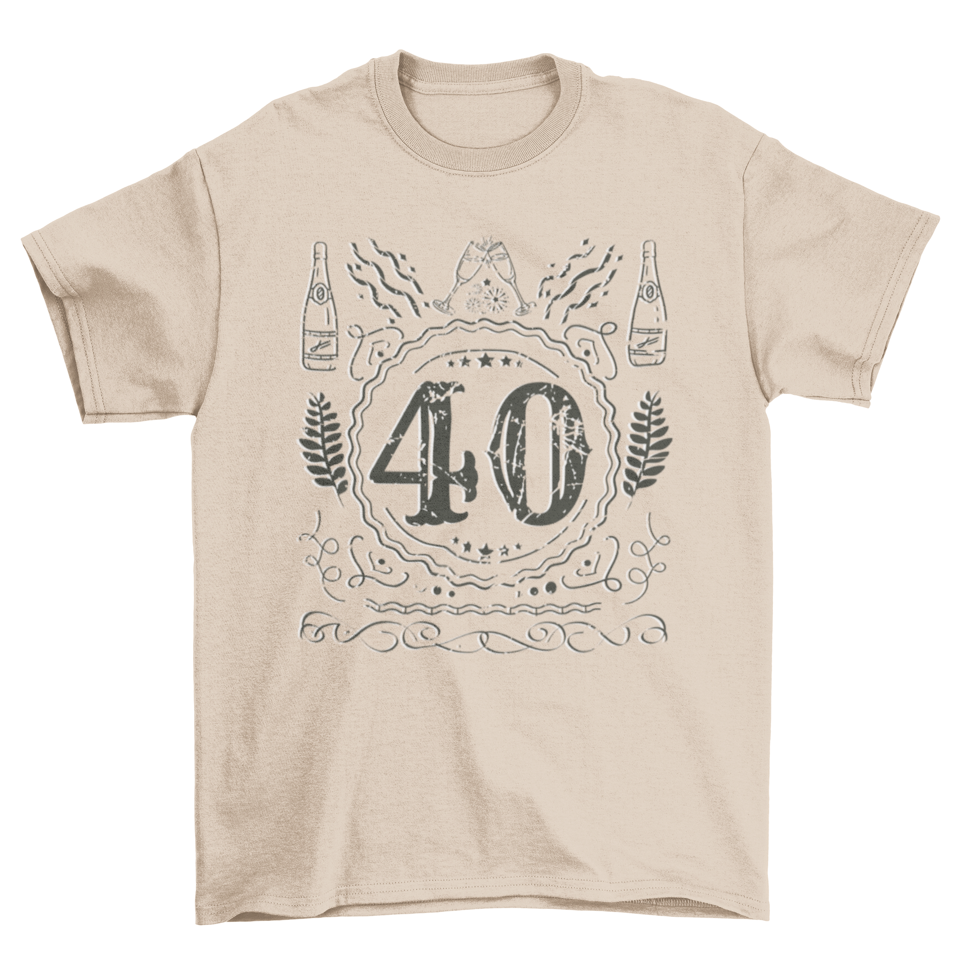A stylish t-shirt featuring the number 40 with colorful confetti and champagne elements, perfect for birthday celebrations.