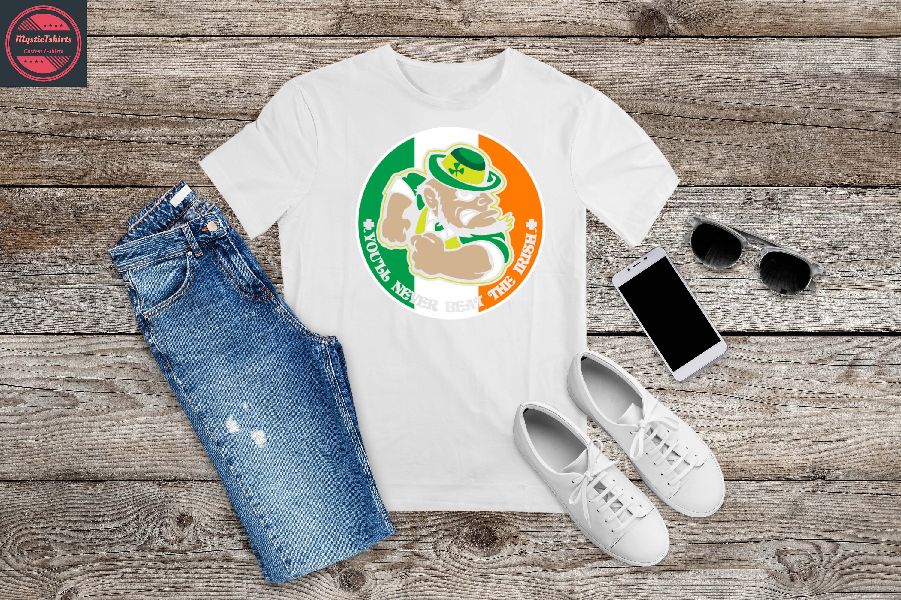 Custom made 'You'll Never Beat the Irish' shirt featuring vibrant colors and personalized design options.