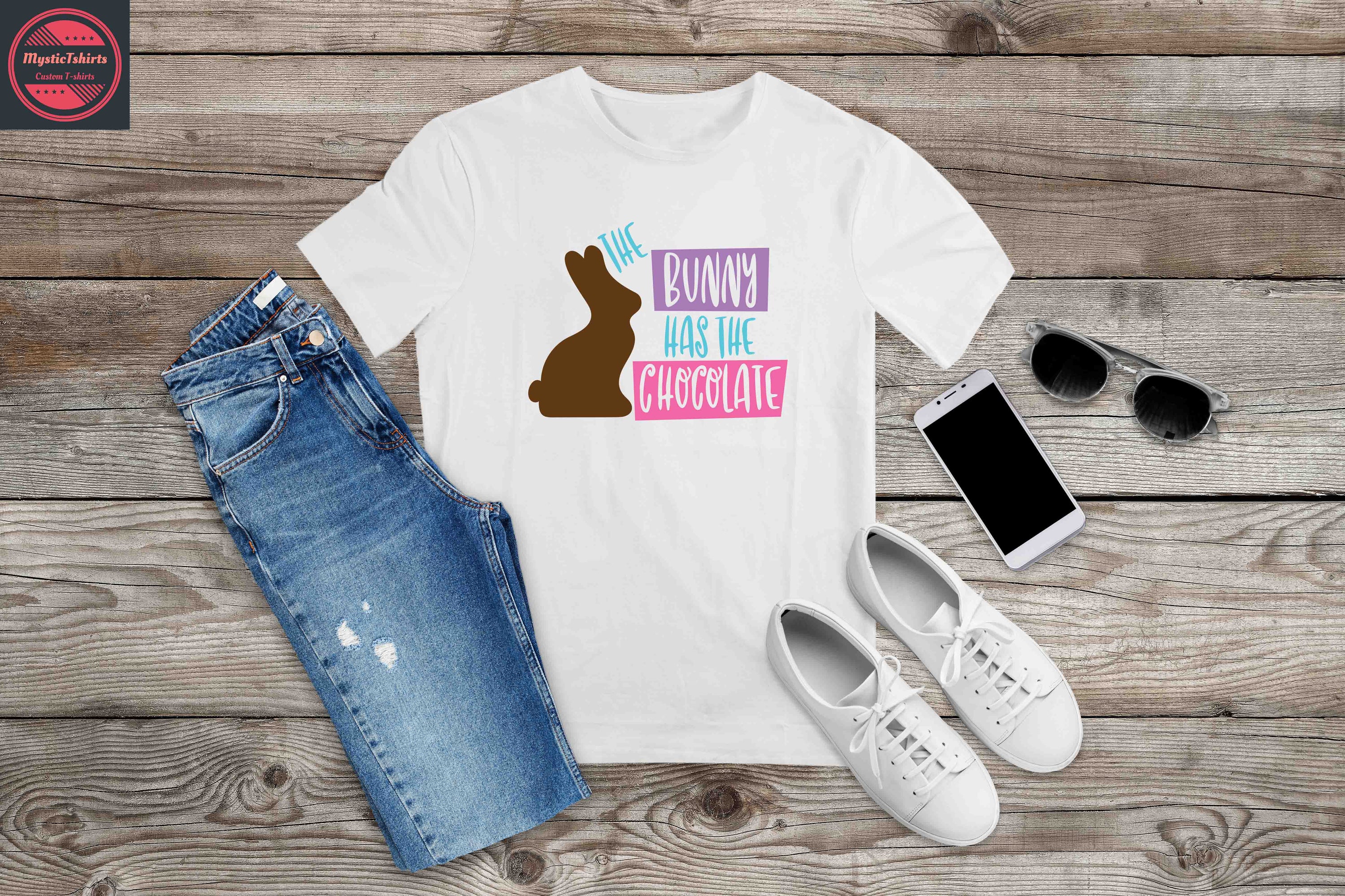 Custom made shirt featuring 'The Bunny Has The Chocolate' design, showcasing vibrant colors and high-quality fabric.