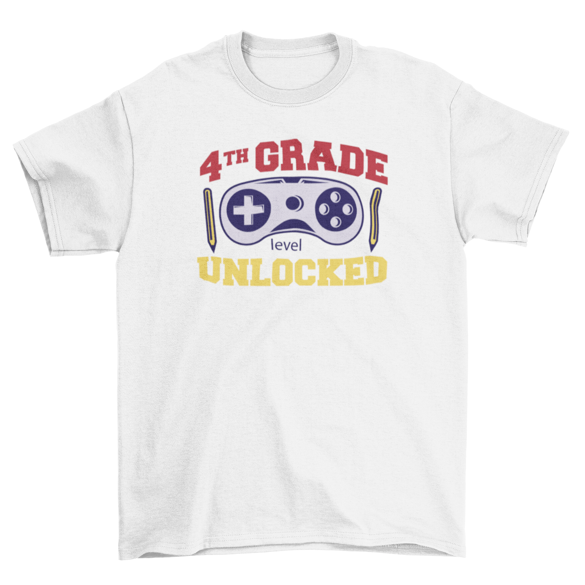 A vibrant t-shirt featuring a joystick graphic and the quote '4th grade level unlocked', perfect for young gamers.