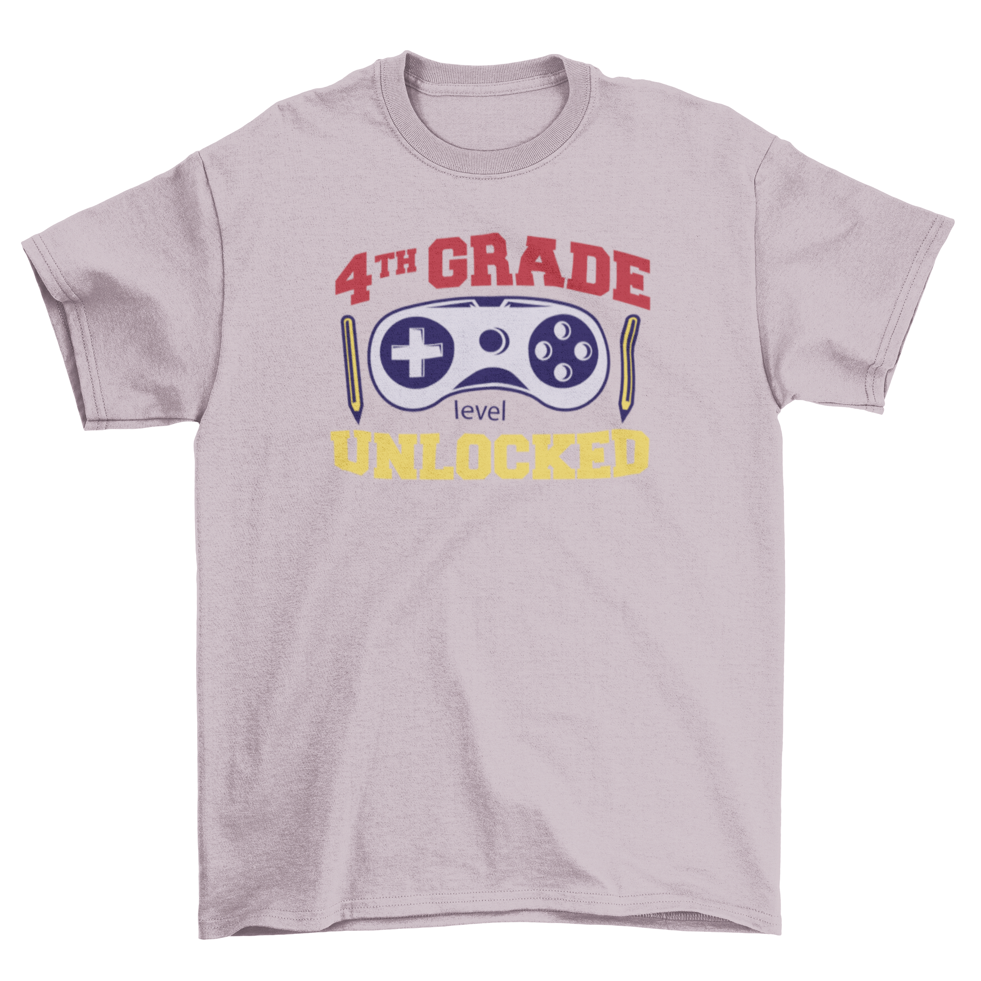 A vibrant t-shirt featuring a joystick graphic and the quote '4th grade level unlocked', perfect for young gamers.