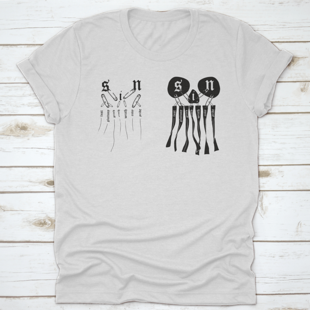 A black t-shirt featuring a skull design representing the 7 deadly sins, showcasing intricate details and vibrant colors.