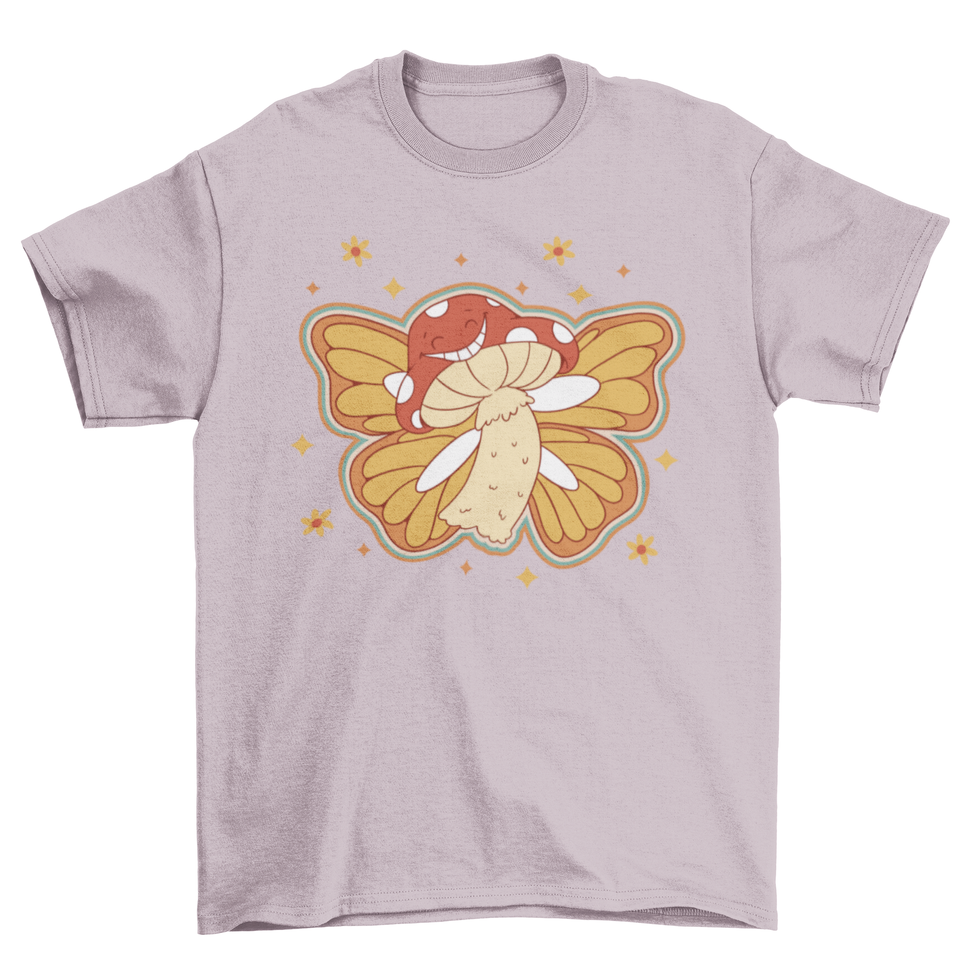 A colorful t-shirt featuring a whimsical mushroom character with butterfly wings, showcasing a 70s-inspired design.