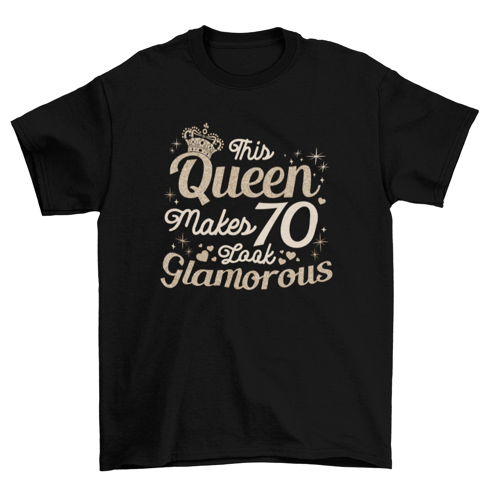 A stylish t-shirt featuring the quote 'This queen makes 70 look glamorous' designed for women's 70th birthday celebrations.