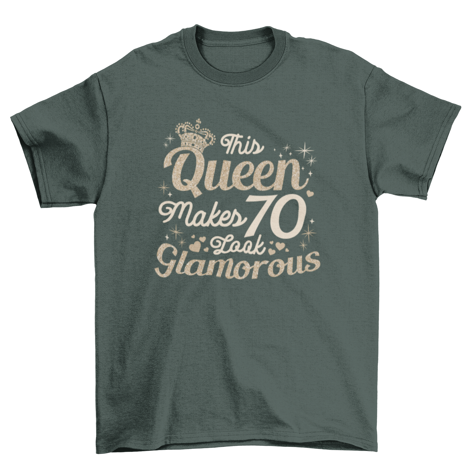 A stylish t-shirt featuring the quote 'This queen makes 70 look glamorous' designed for women's 70th birthday celebrations.