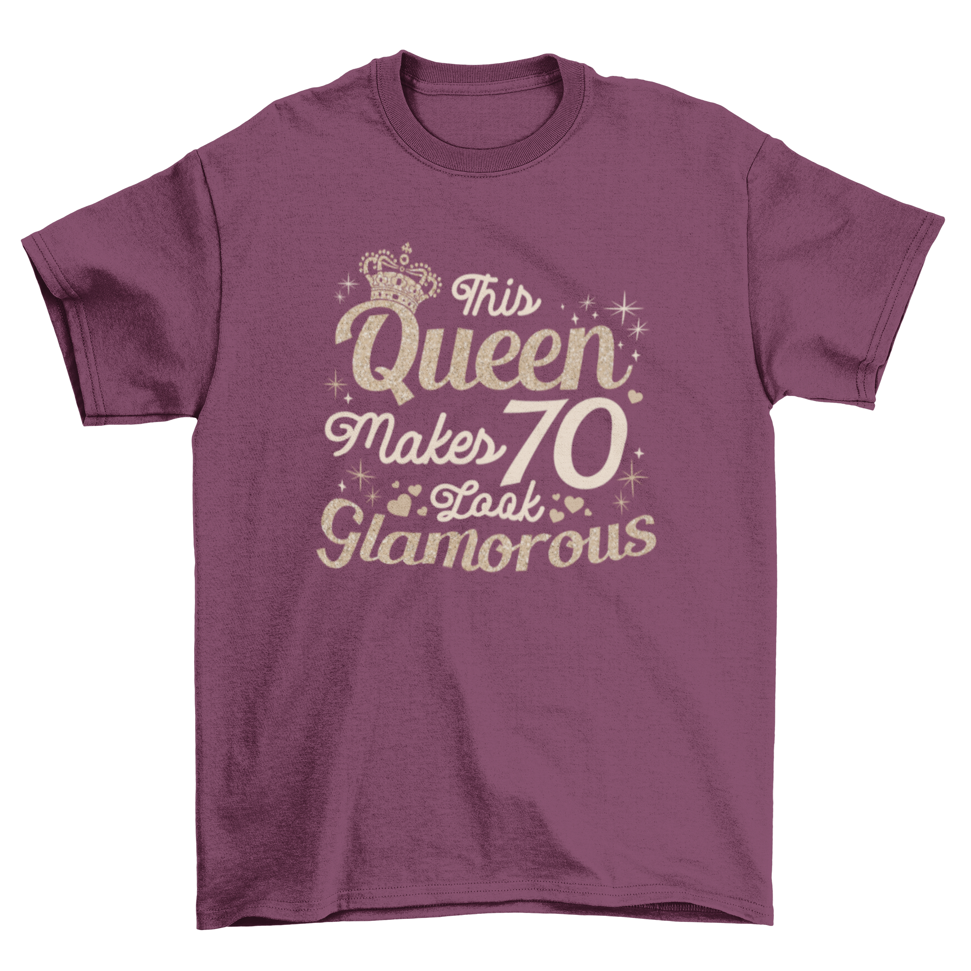 A stylish t-shirt featuring the quote 'This queen makes 70 look glamorous' designed for women's 70th birthday celebrations.