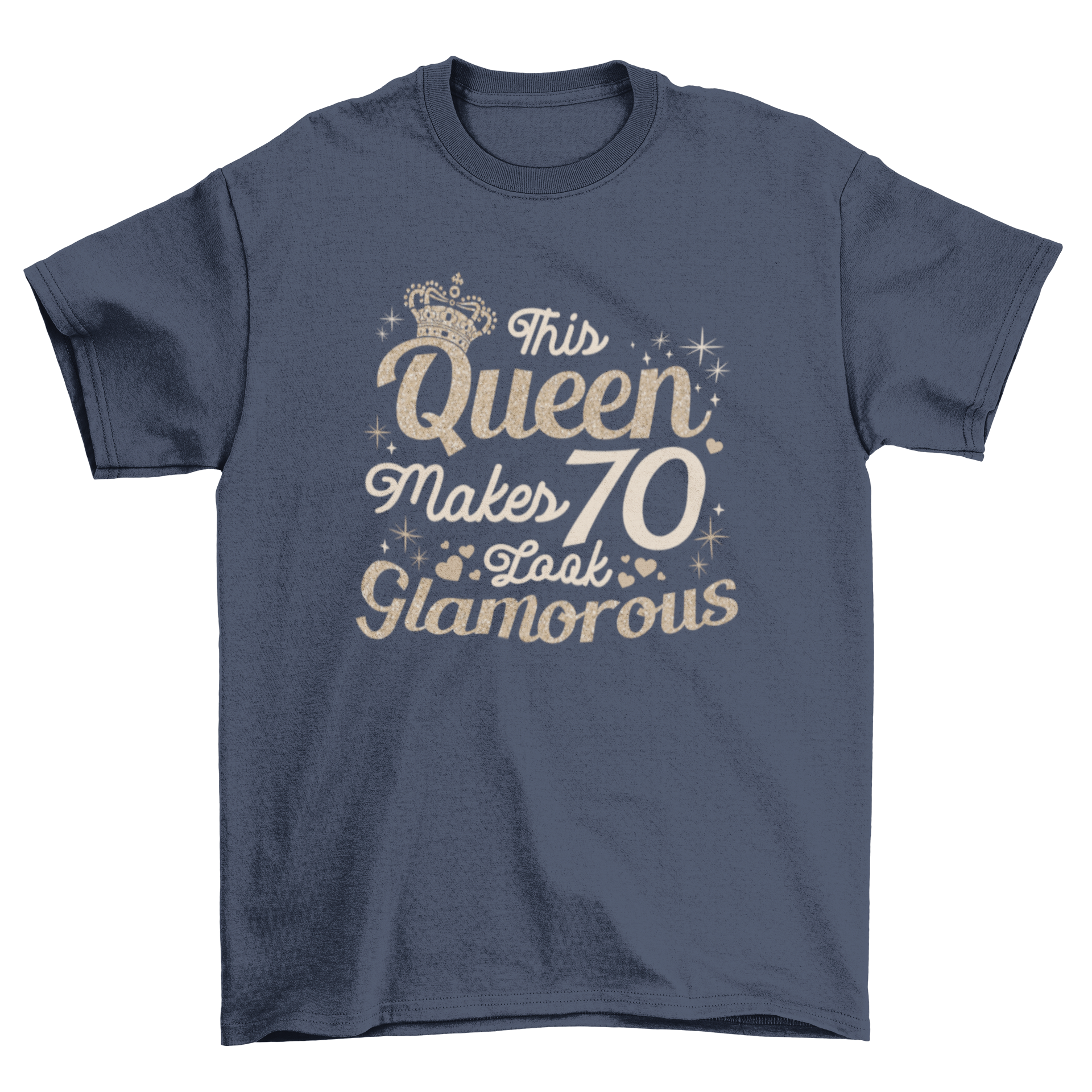 A stylish t-shirt featuring the quote 'This queen makes 70 look glamorous' designed for women's 70th birthday celebrations.