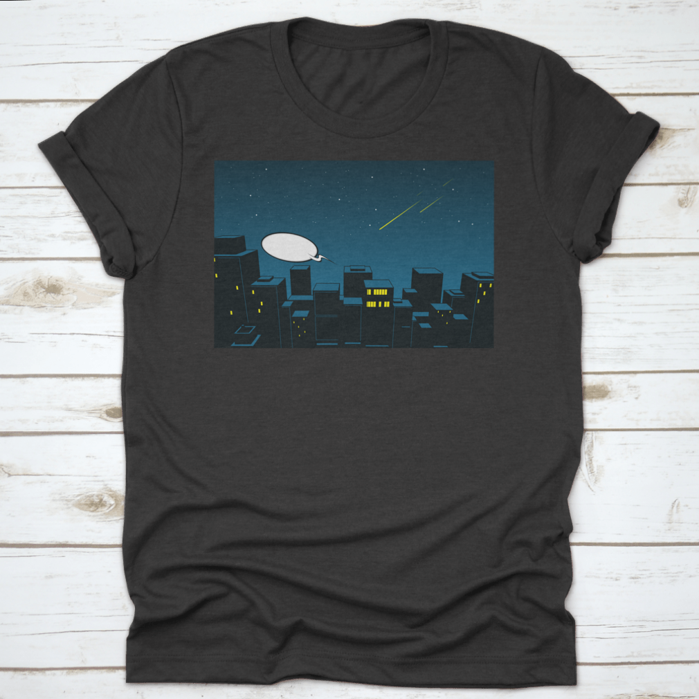 A stylish t-shirt featuring a beautiful night city design, showcasing vibrant colors and intricate details.