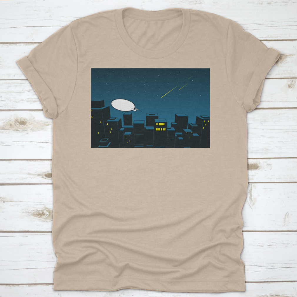 A stylish t-shirt featuring a beautiful night city design, showcasing vibrant colors and intricate details.