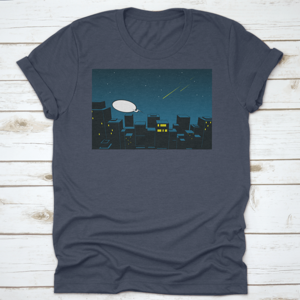 A stylish t-shirt featuring a beautiful night city design, showcasing vibrant colors and intricate details.