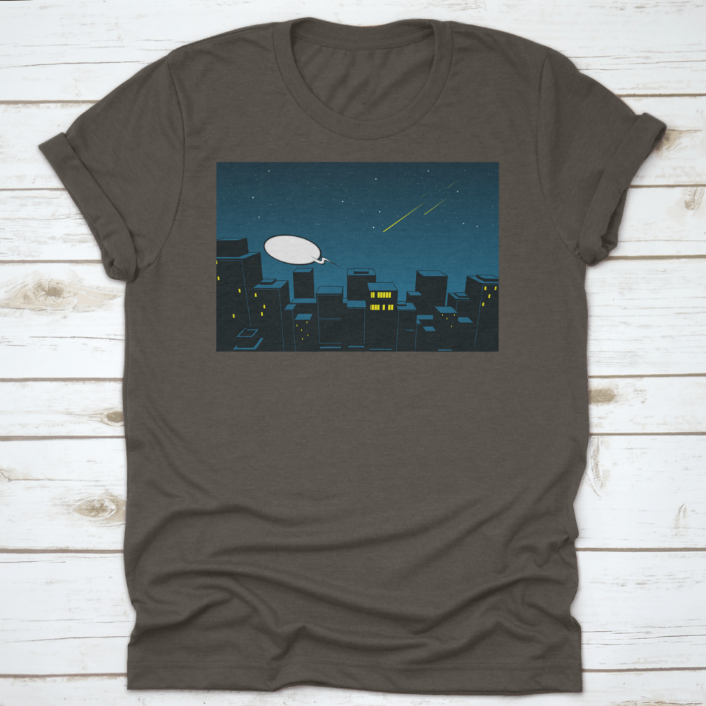 A stylish t-shirt featuring a beautiful night city design, showcasing vibrant colors and intricate details.