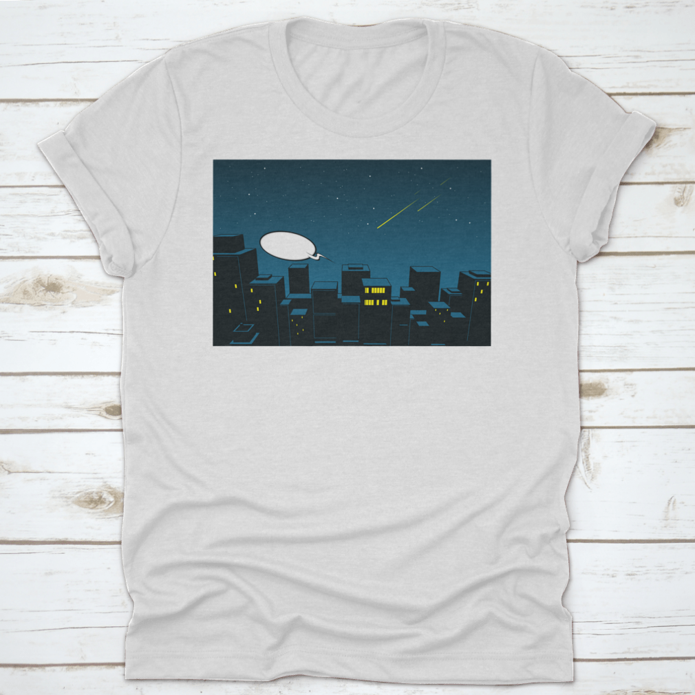 A stylish t-shirt featuring a beautiful night city design, showcasing vibrant colors and intricate details.